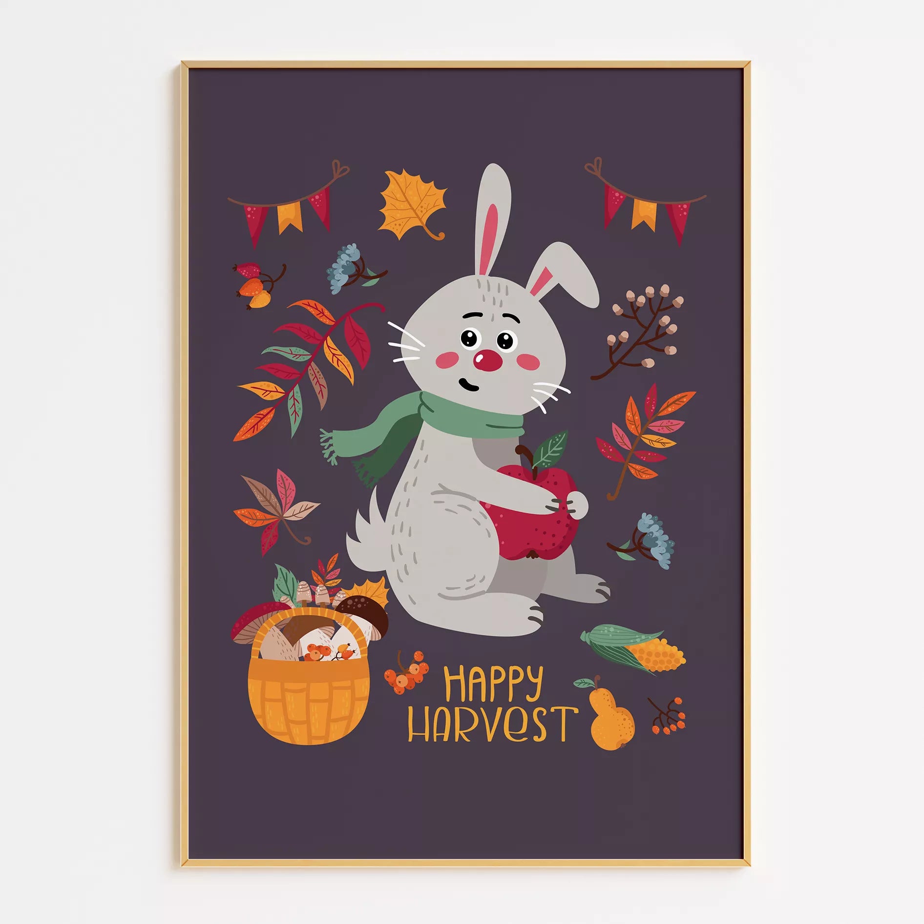 秋のうさぎと果物のかわいいイラスト子供部屋用北欧アートポスター