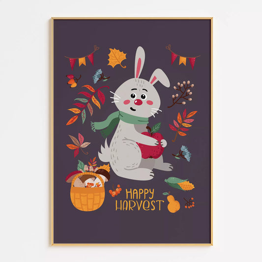 秋のうさぎと果物のかわいいイラスト子供部屋用北欧アートポスター