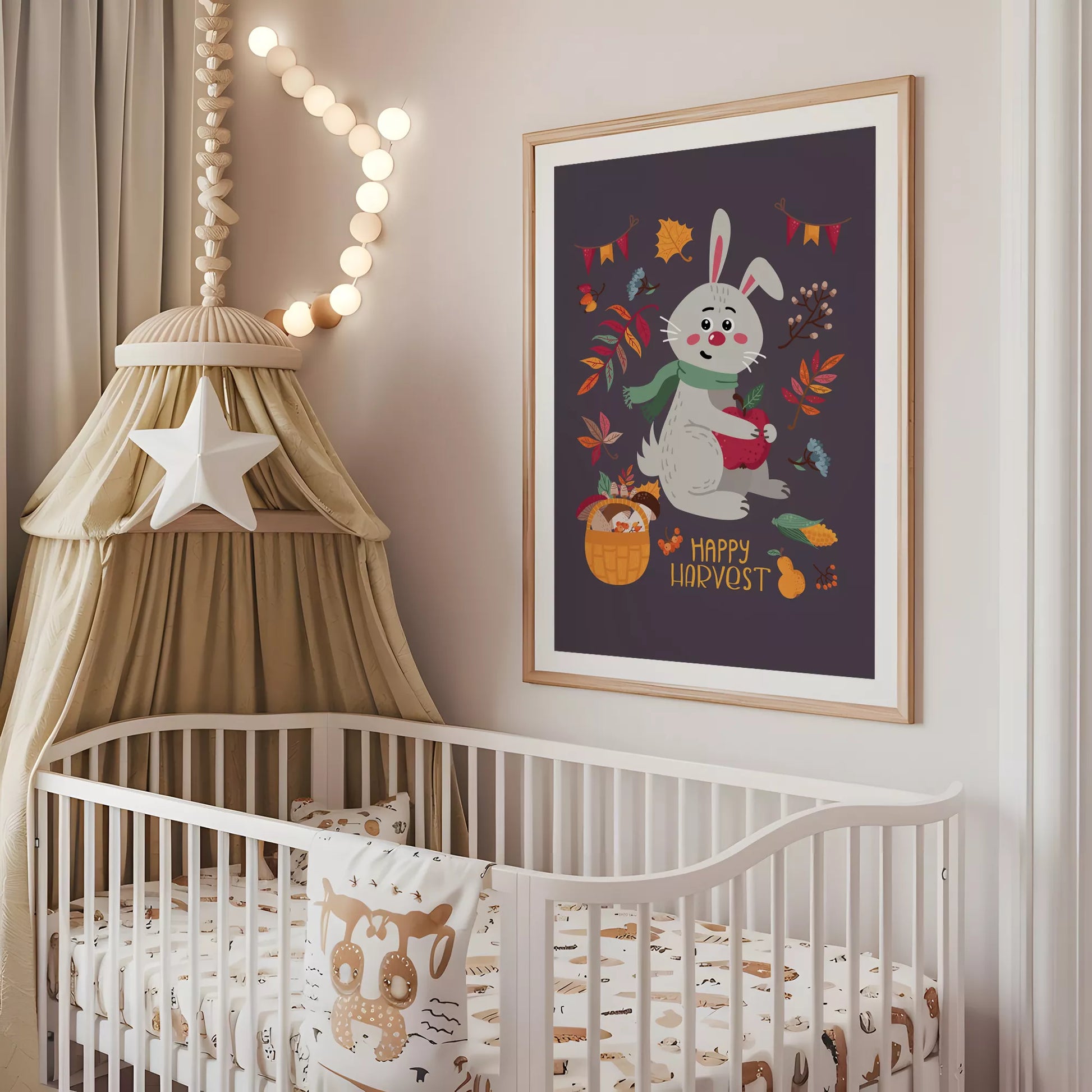 秋のうさぎと果物のかわいいイラスト子供部屋用北欧アートポスター