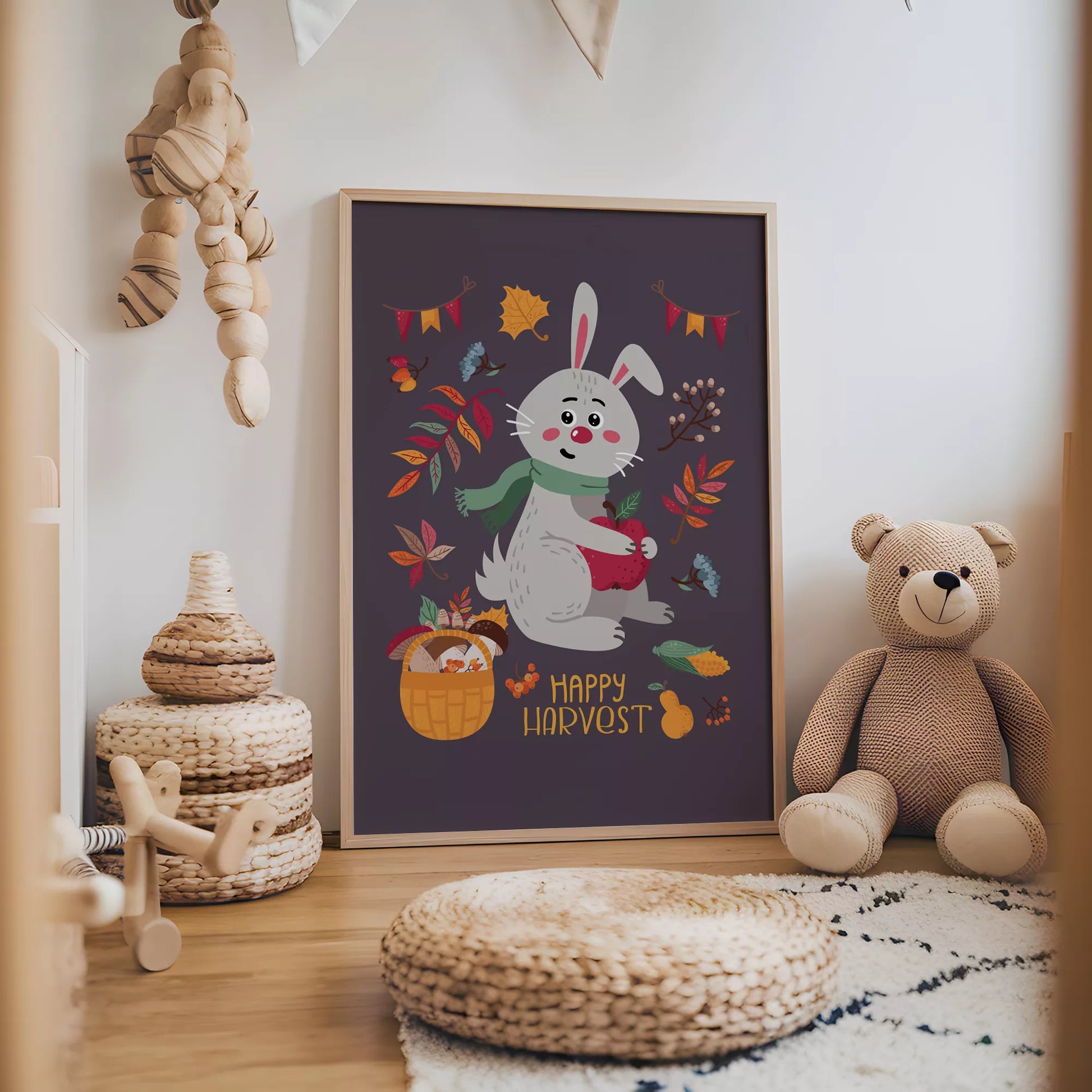 秋のうさぎと果物のかわいいイラスト子供部屋用北欧アートポスター