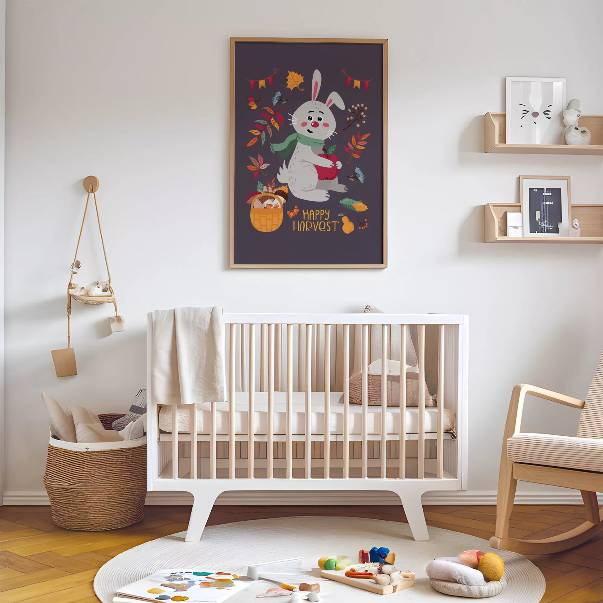 秋のうさぎと果物のかわいいイラスト子供部屋用北欧アートポスター