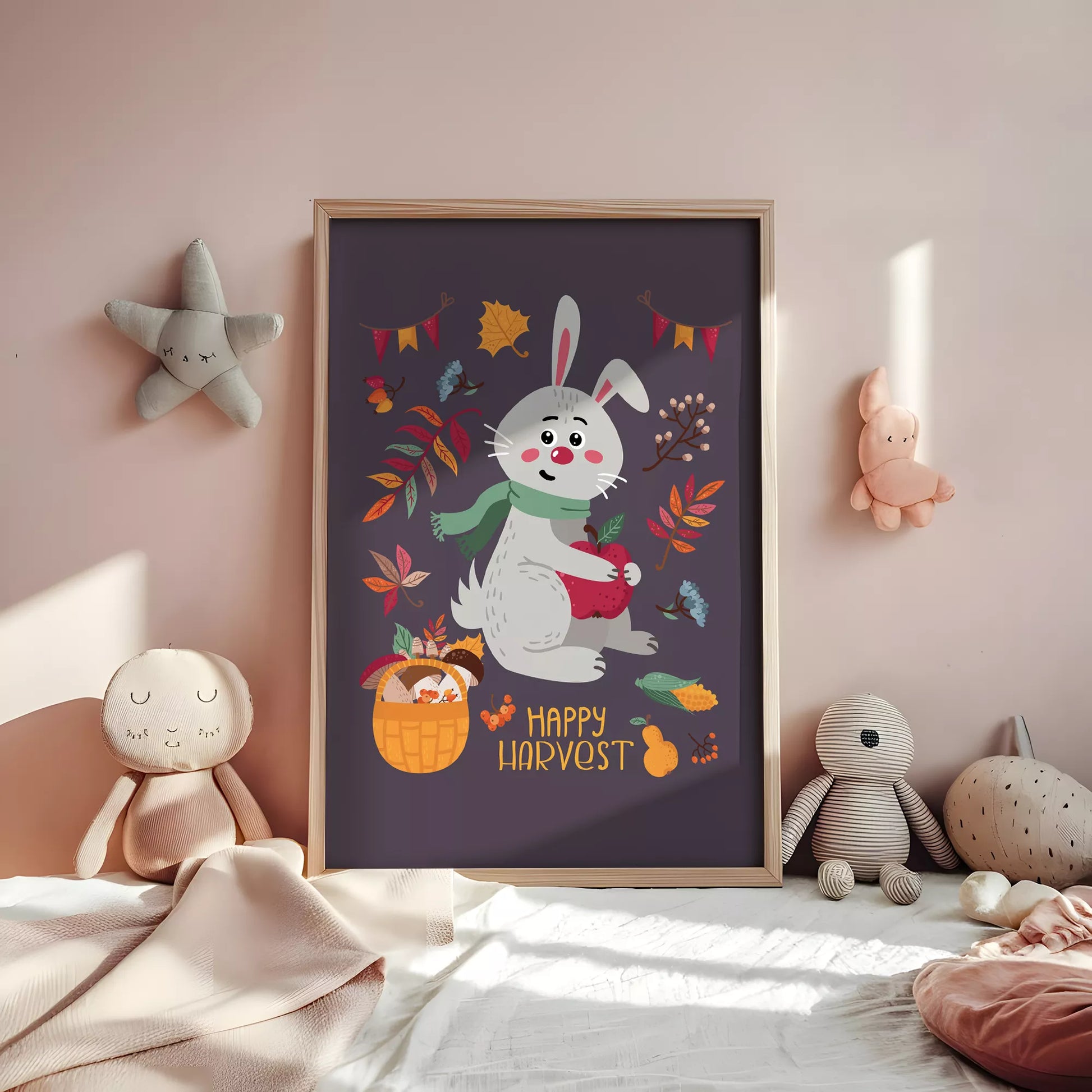秋のうさぎと果物のかわいいイラスト子供部屋用北欧アートポスター