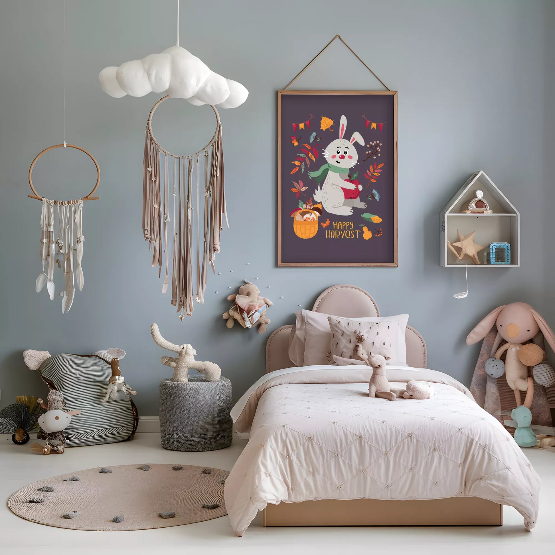 秋のうさぎと果物のかわいいイラスト子供部屋用北欧アートポスター