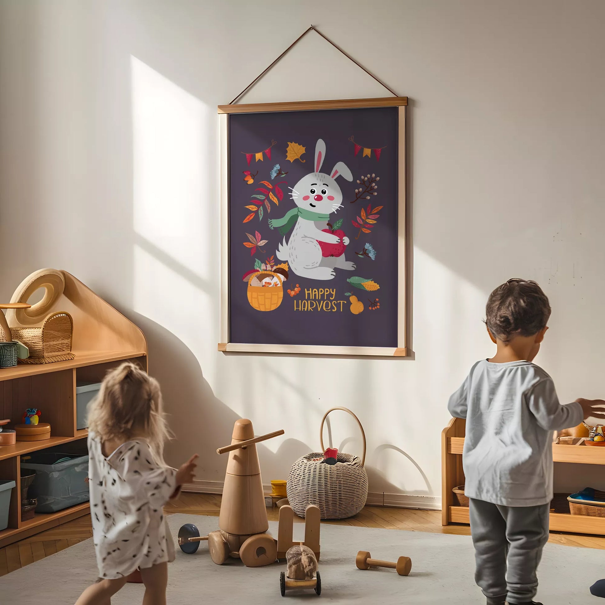 秋のうさぎと果物のかわいいイラスト子供部屋用北欧アートポスター