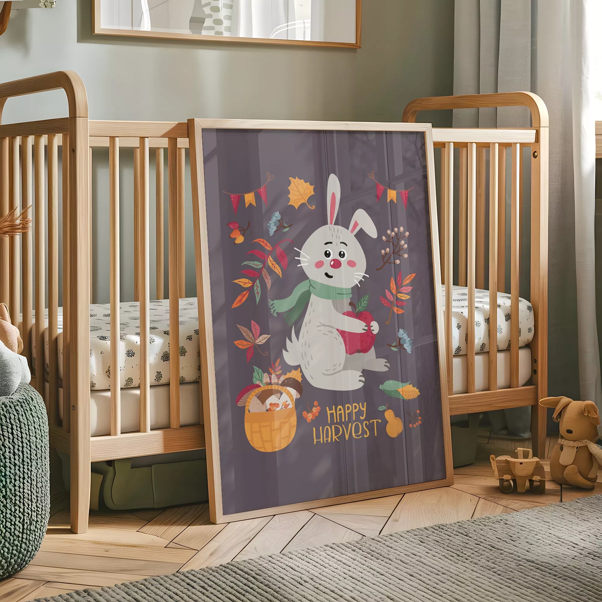 秋のうさぎと果物のかわいいイラスト子供部屋用北欧アートポスター