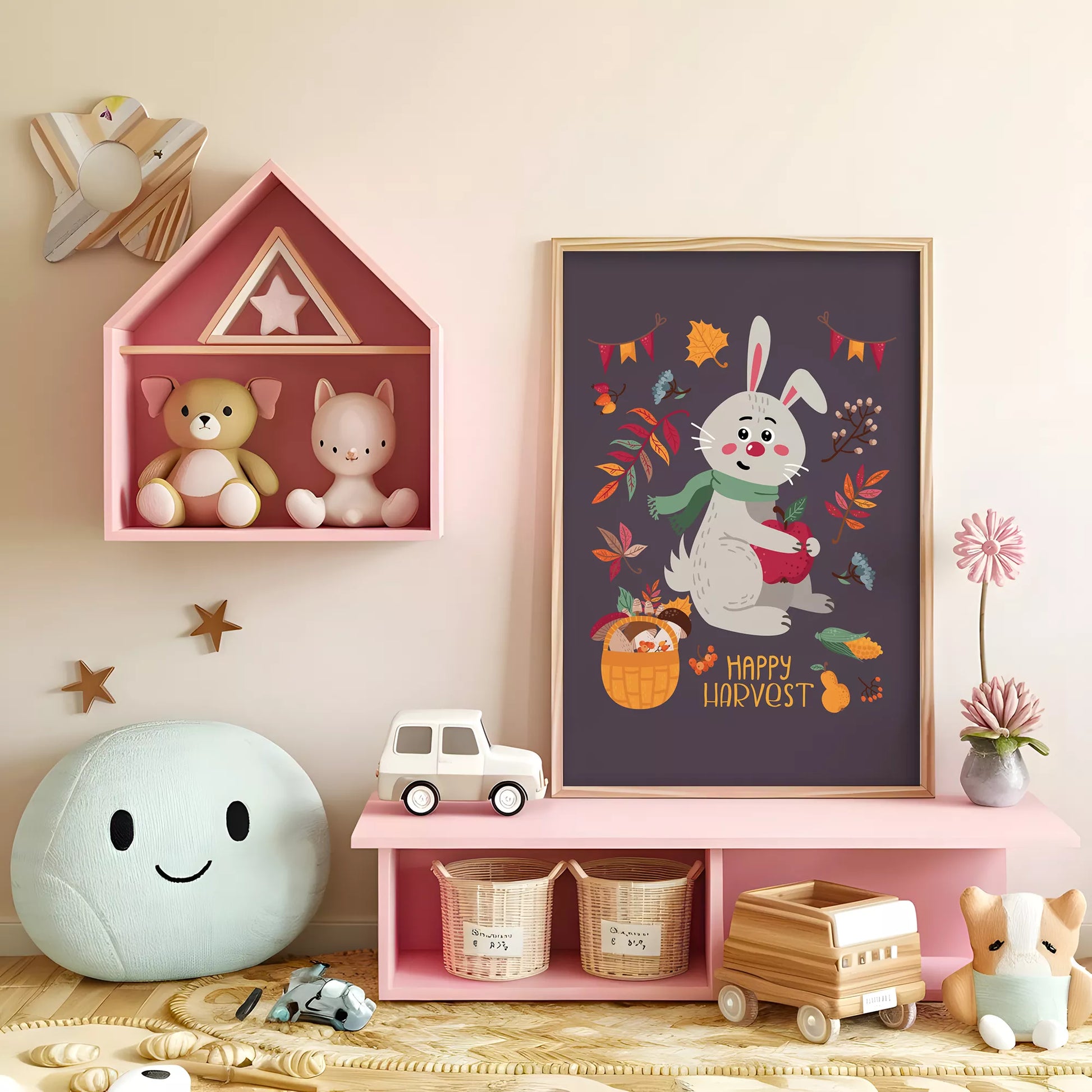 秋のうさぎと果物のかわいいイラスト子供部屋用北欧アートポスター