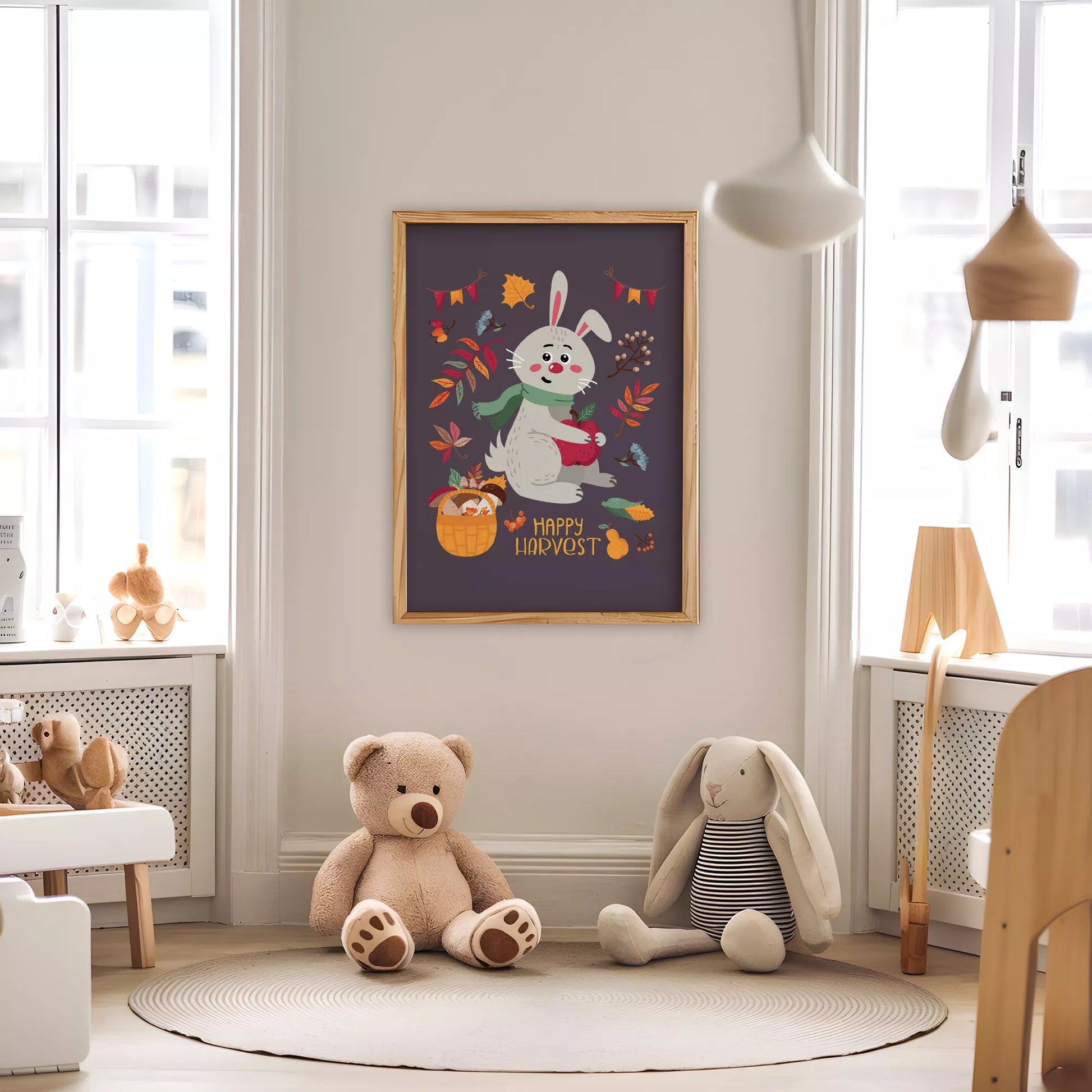 秋のうさぎと果物のかわいいイラスト子供部屋用北欧アートポスター