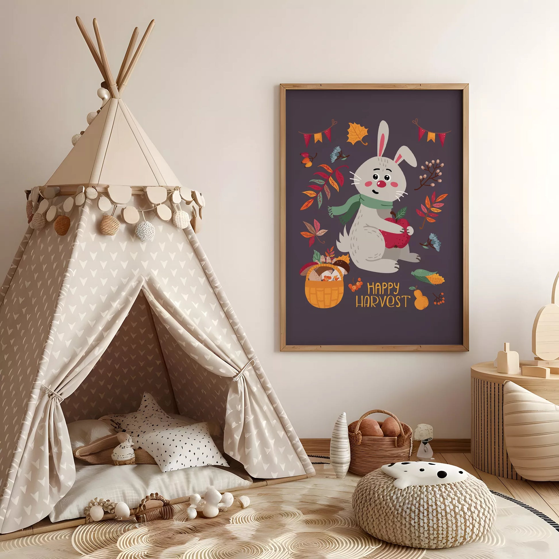 秋のうさぎと果物のかわいいイラスト子供部屋用北欧アートポスター