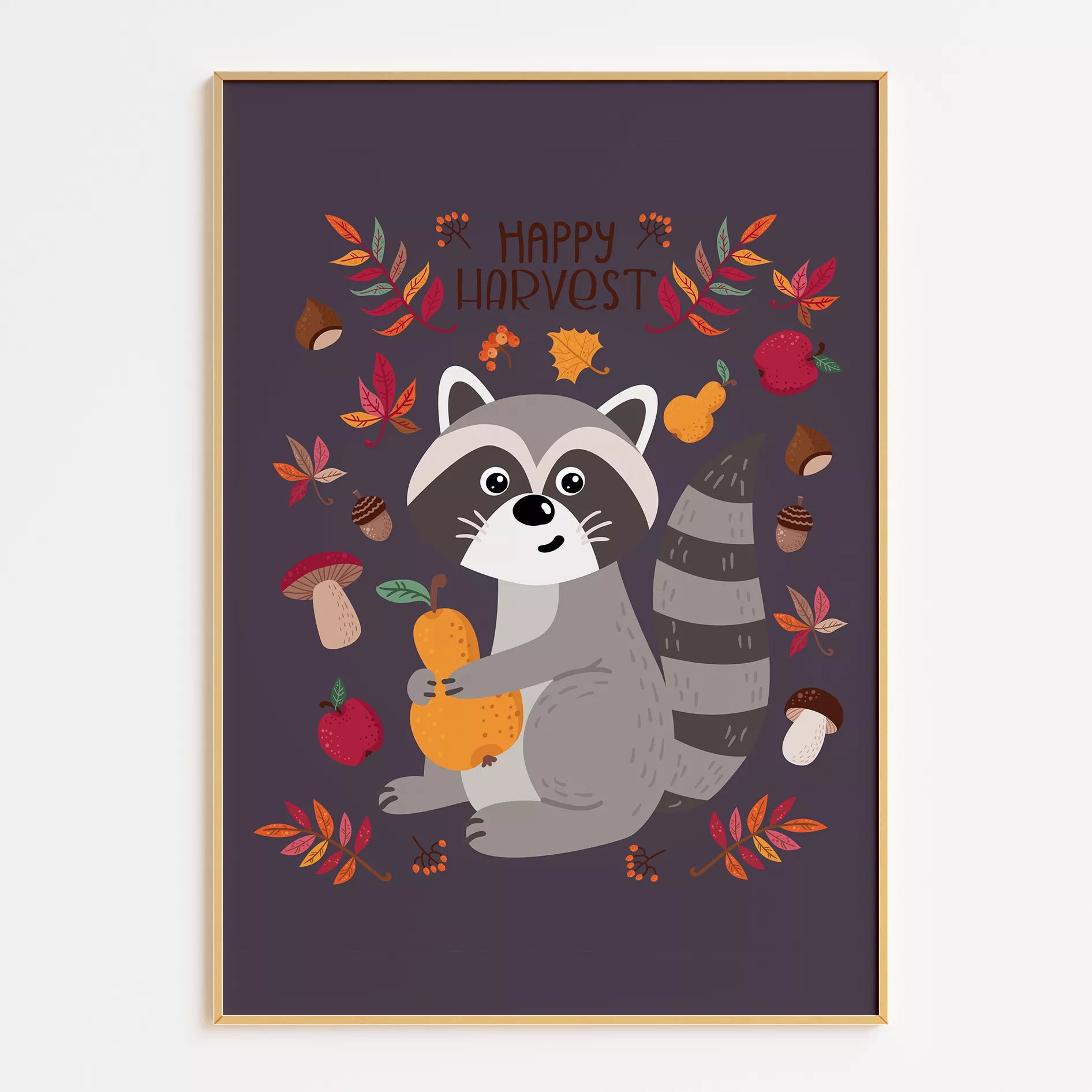 秋のたぬきと果物のかわいいイラスト子供部屋用北欧アートポスター