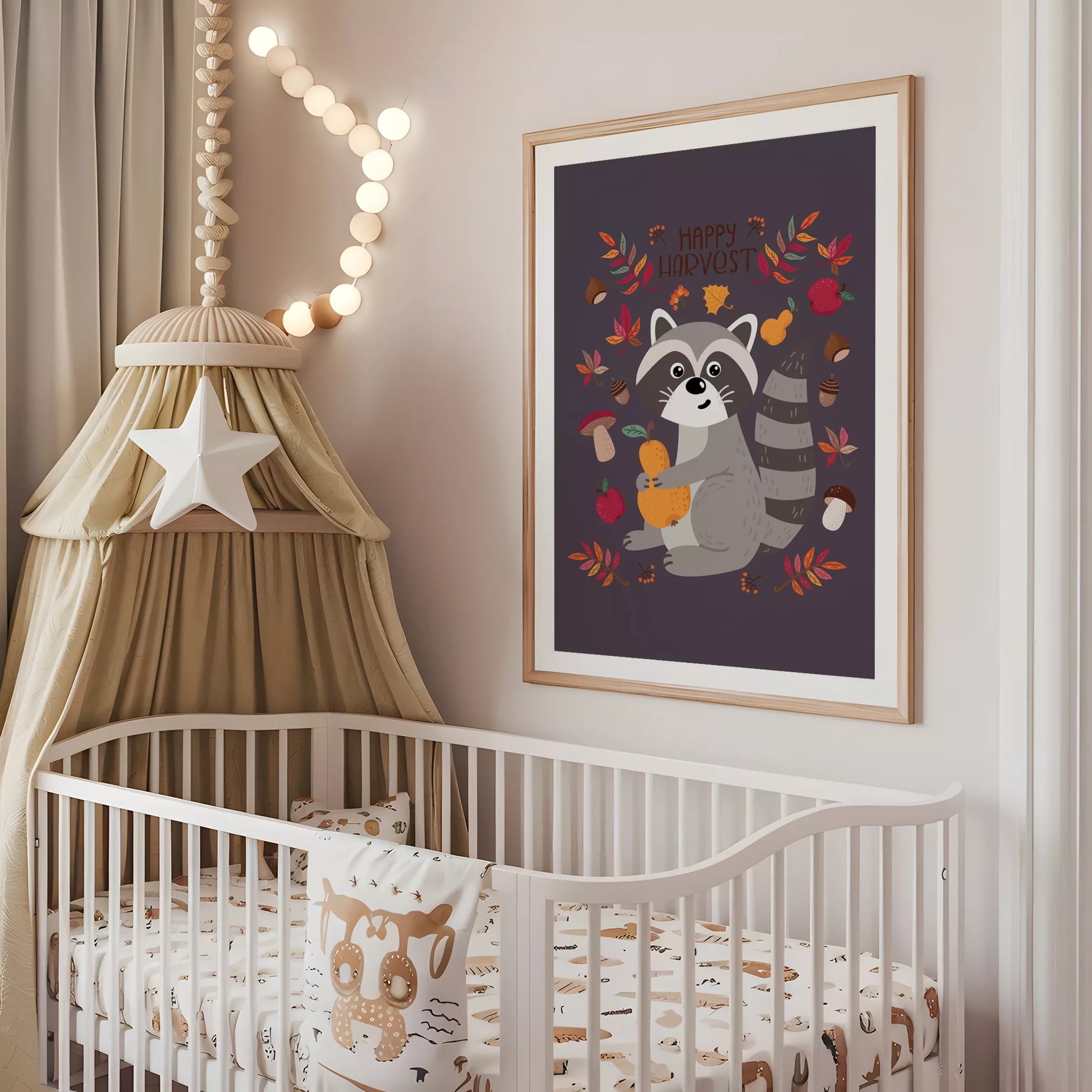 秋のたぬきと果物のかわいいイラスト子供部屋用北欧アートポスター