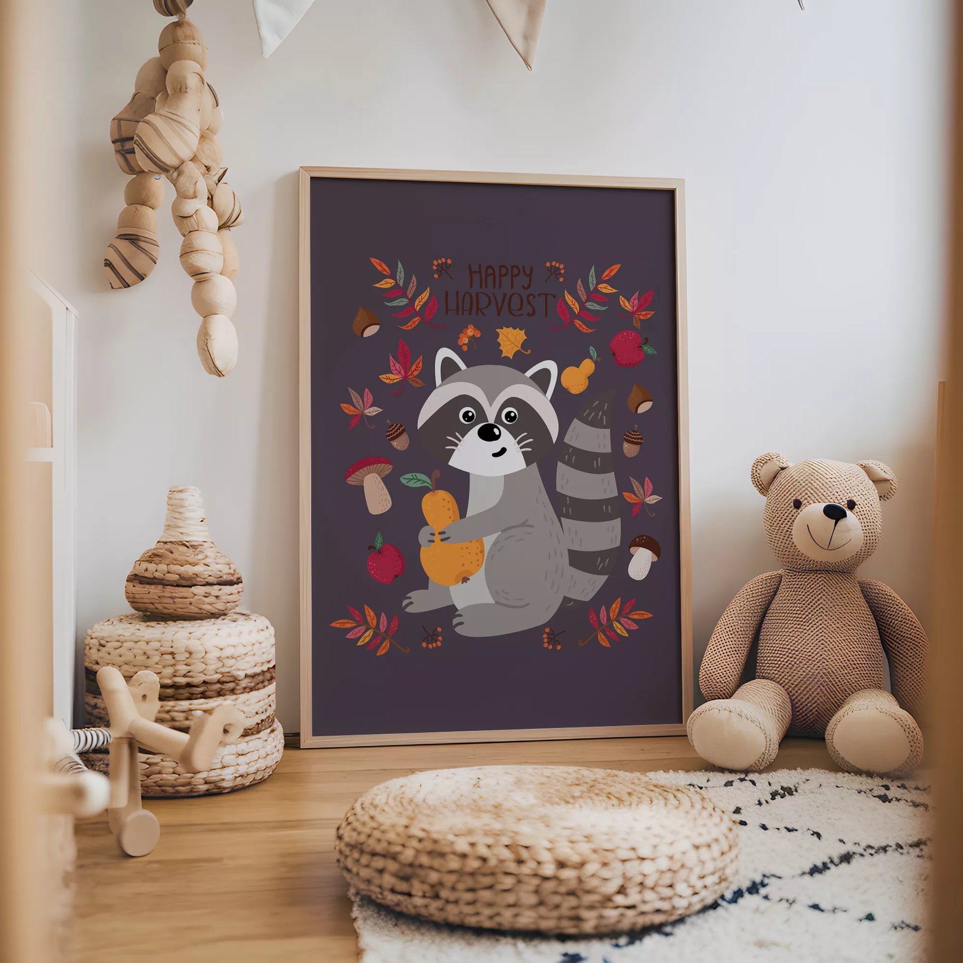 秋のたぬきと果物のかわいいイラスト子供部屋用北欧アートポスター
