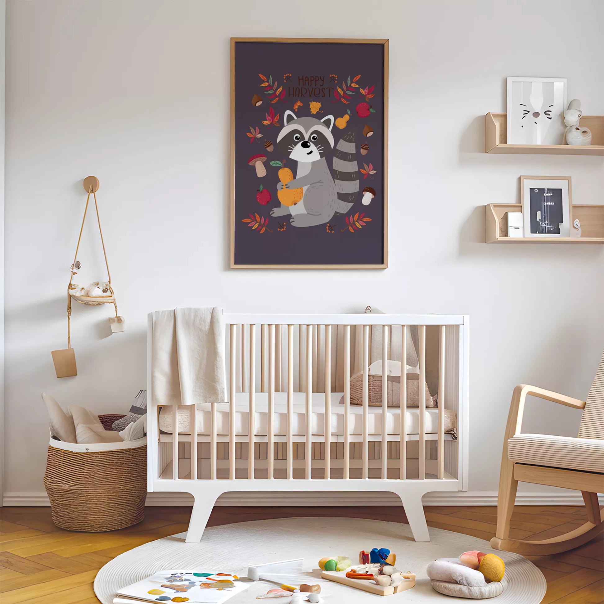 秋のたぬきと果物のかわいいイラスト子供部屋用北欧アートポスター