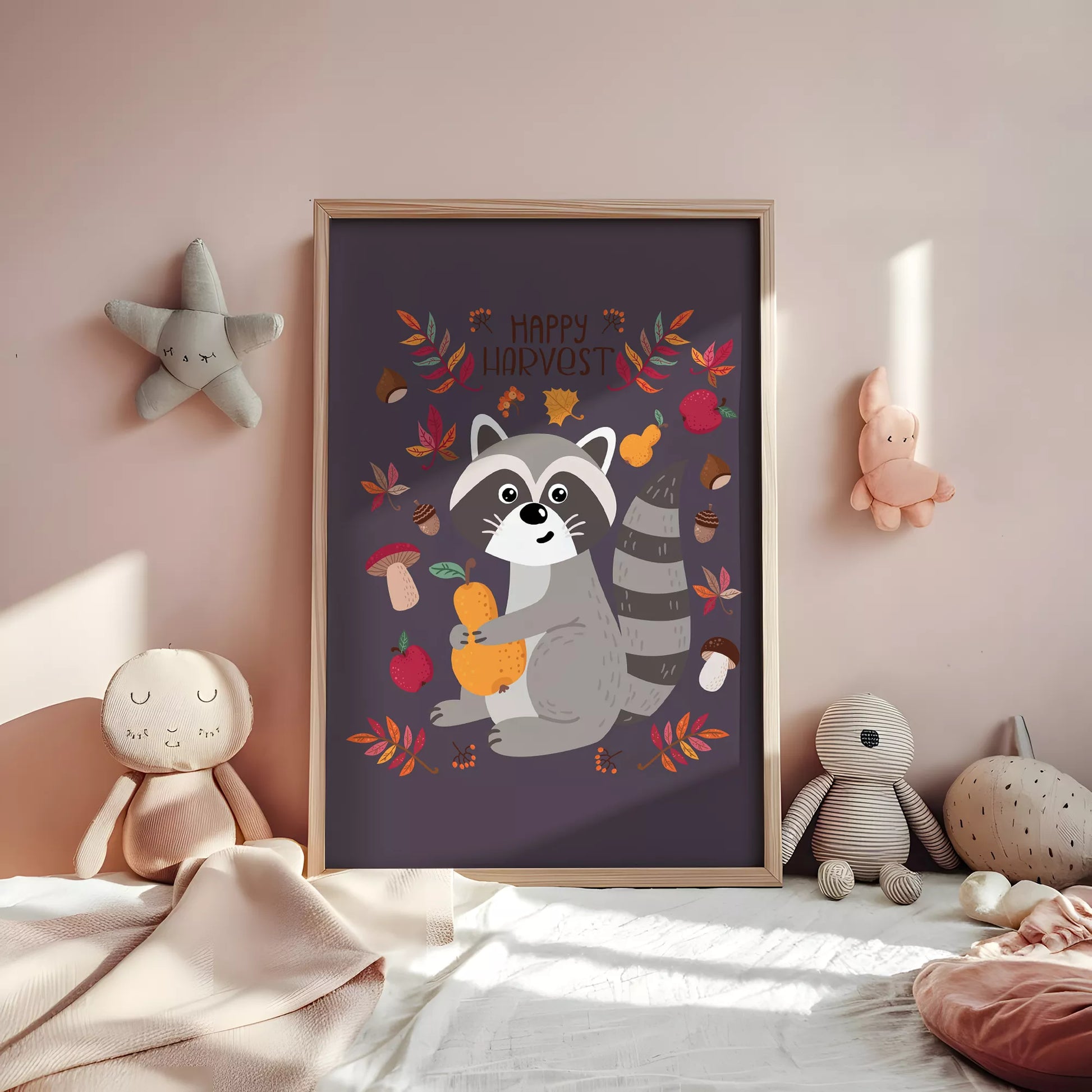 秋のたぬきと果物のかわいいイラスト子供部屋用北欧アートポスター