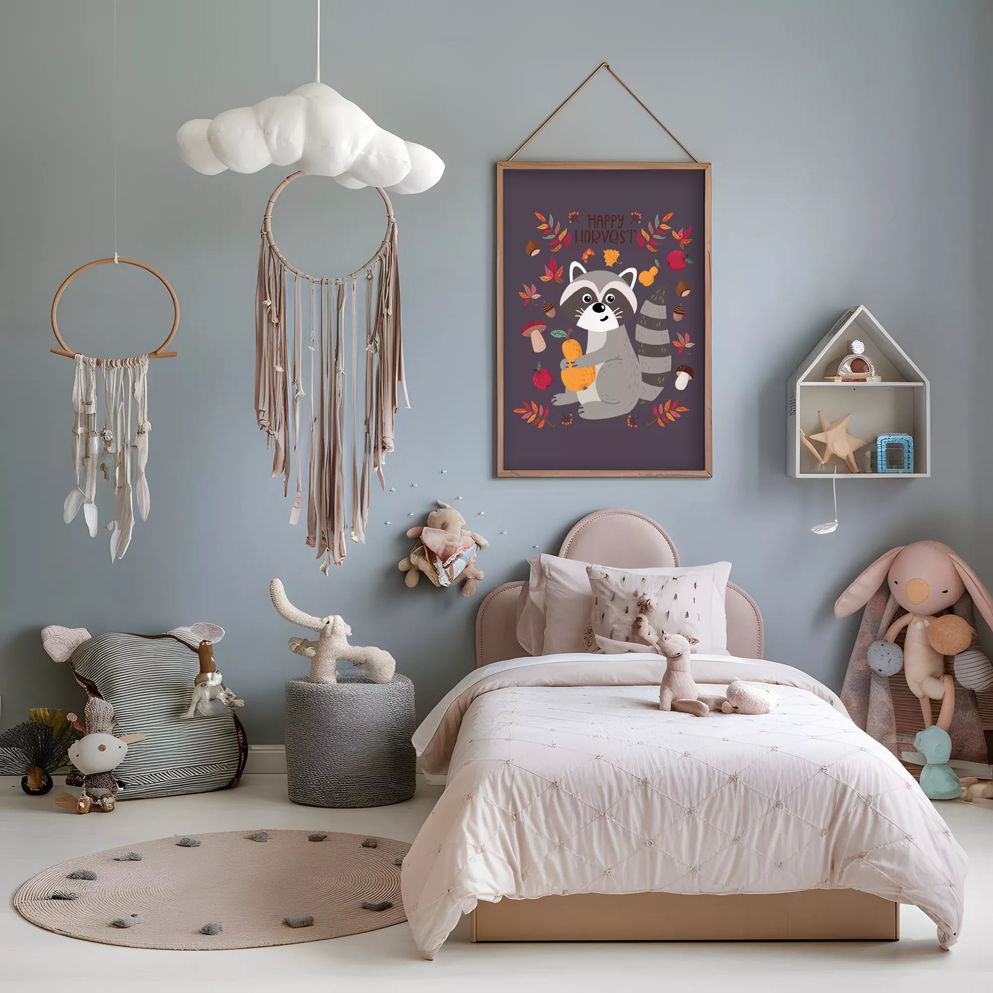 秋のたぬきと果物のかわいいイラスト子供部屋用北欧アートポスター