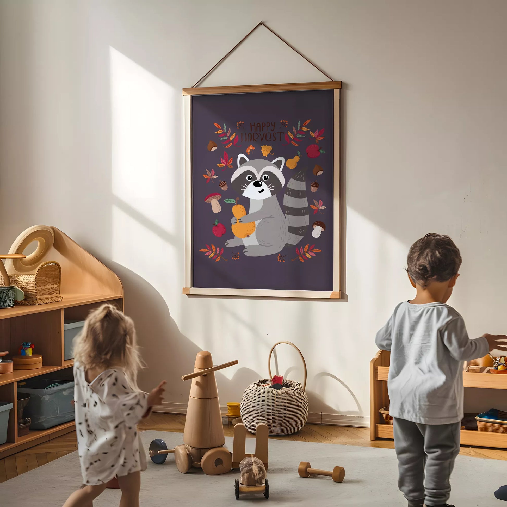 秋のたぬきと果物のかわいいイラスト子供部屋用北欧アートポスター