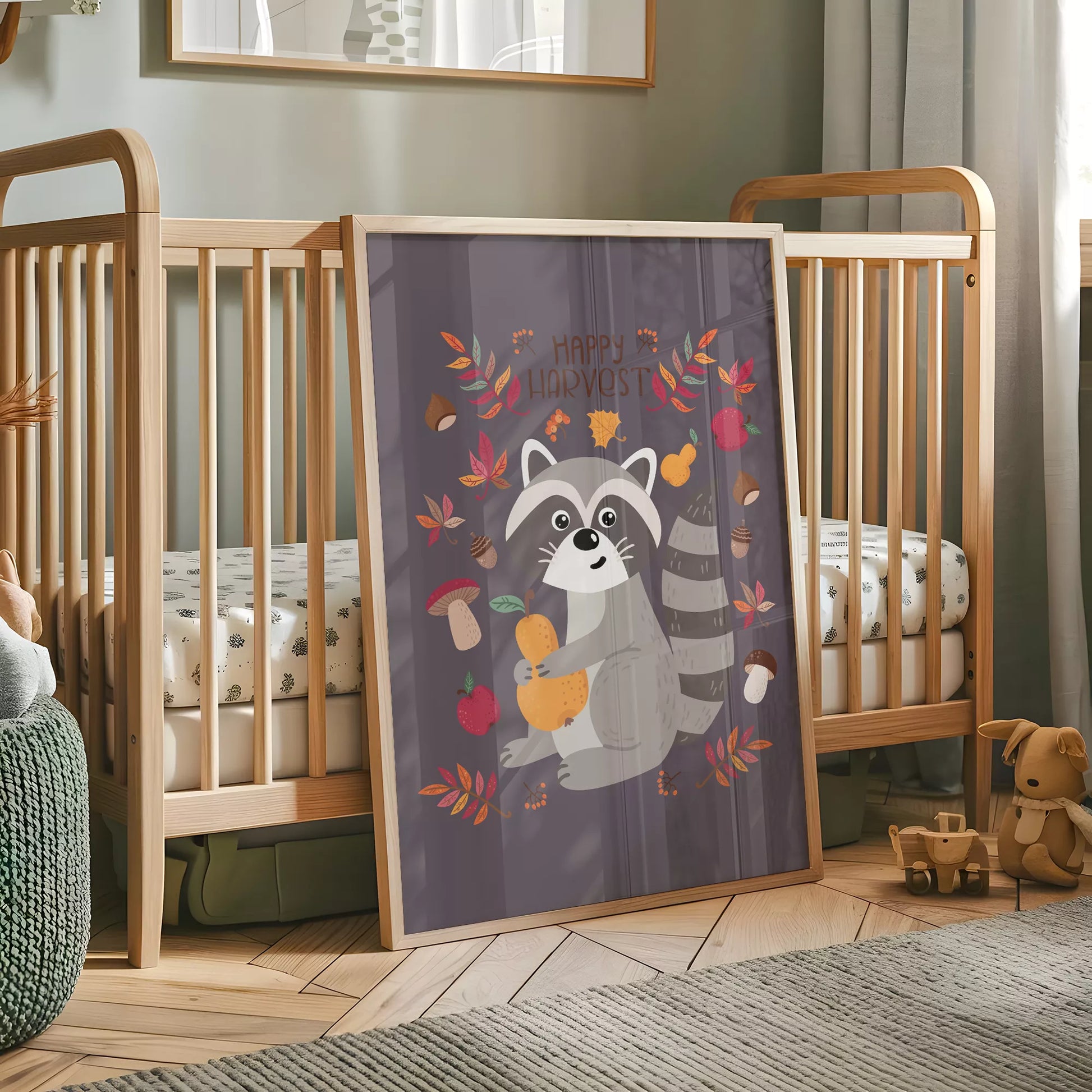 秋のたぬきと果物のかわいいイラスト子供部屋用北欧アートポスター