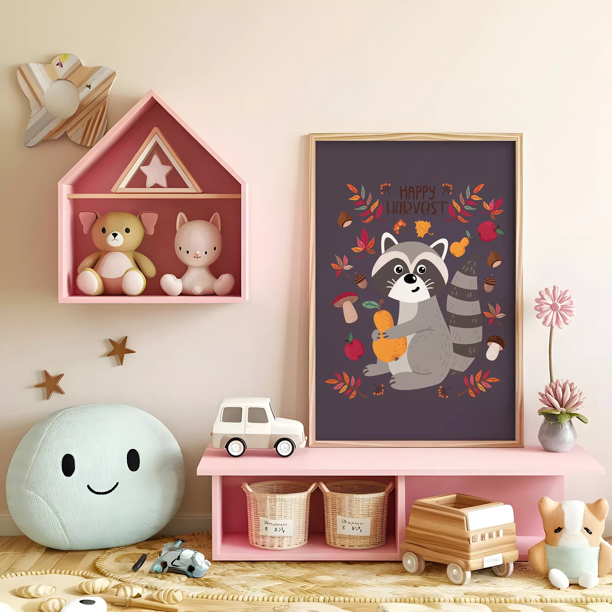 秋のたぬきと果物のかわいいイラスト子供部屋用北欧アートポスター