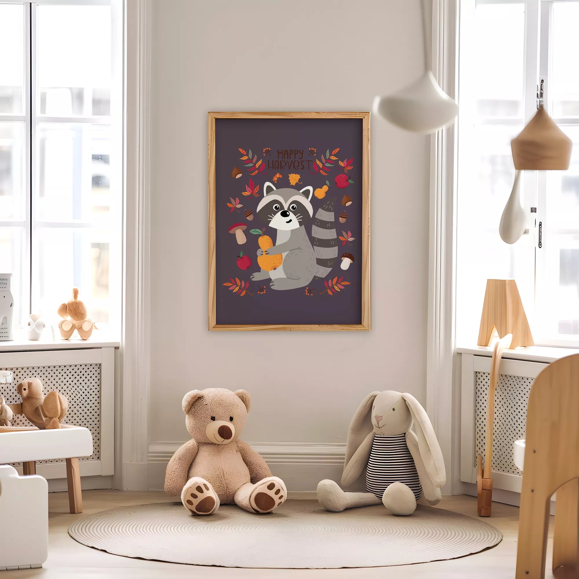 秋のたぬきと果物のかわいいイラスト子供部屋用北欧アートポスター