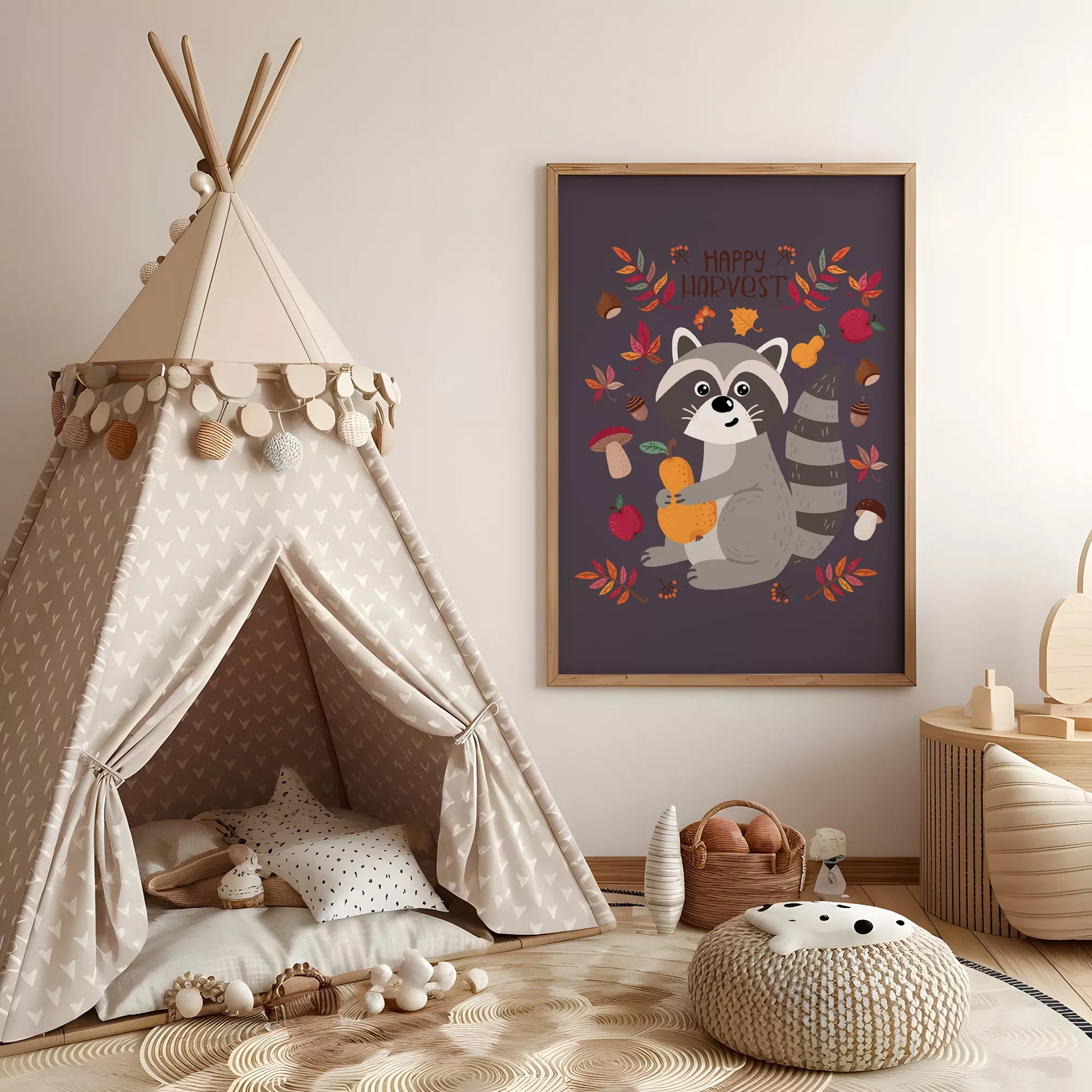 秋のたぬきと果物のかわいいイラスト子供部屋用北欧アートポスター