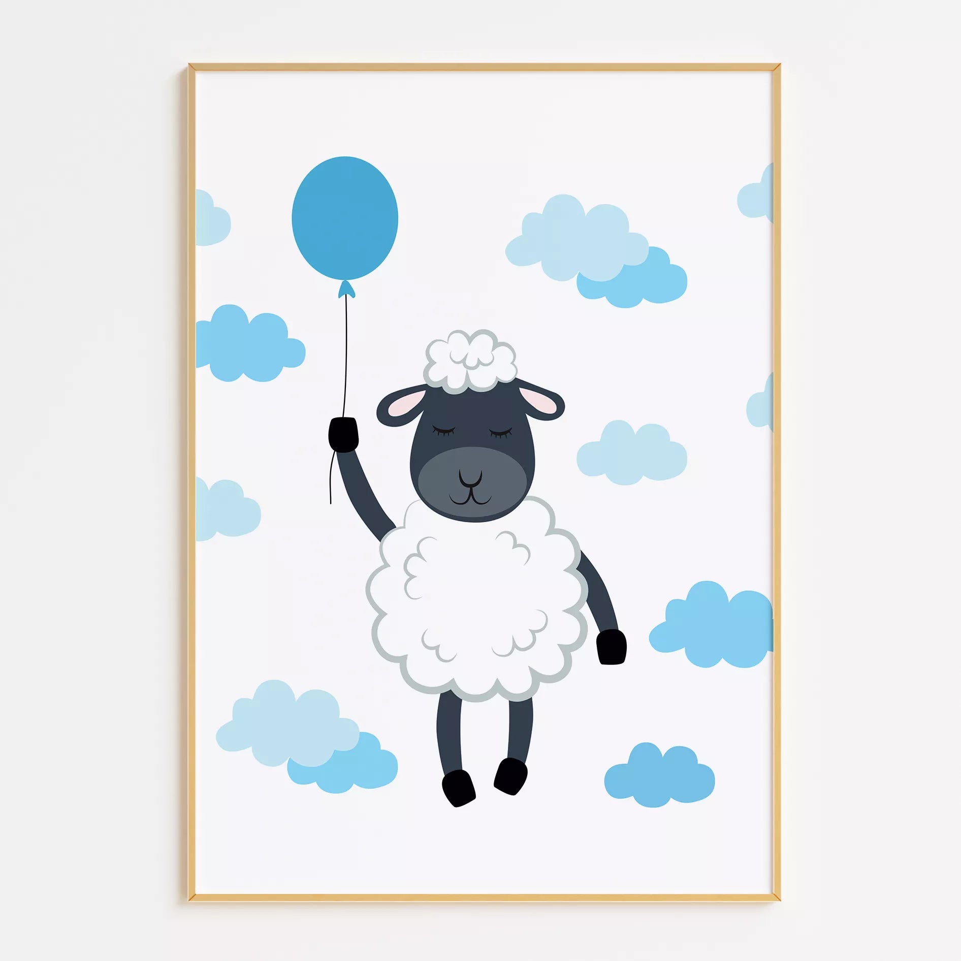 青いバルーンと雲に囲まれたひつじのかわいい北欧アートポスター