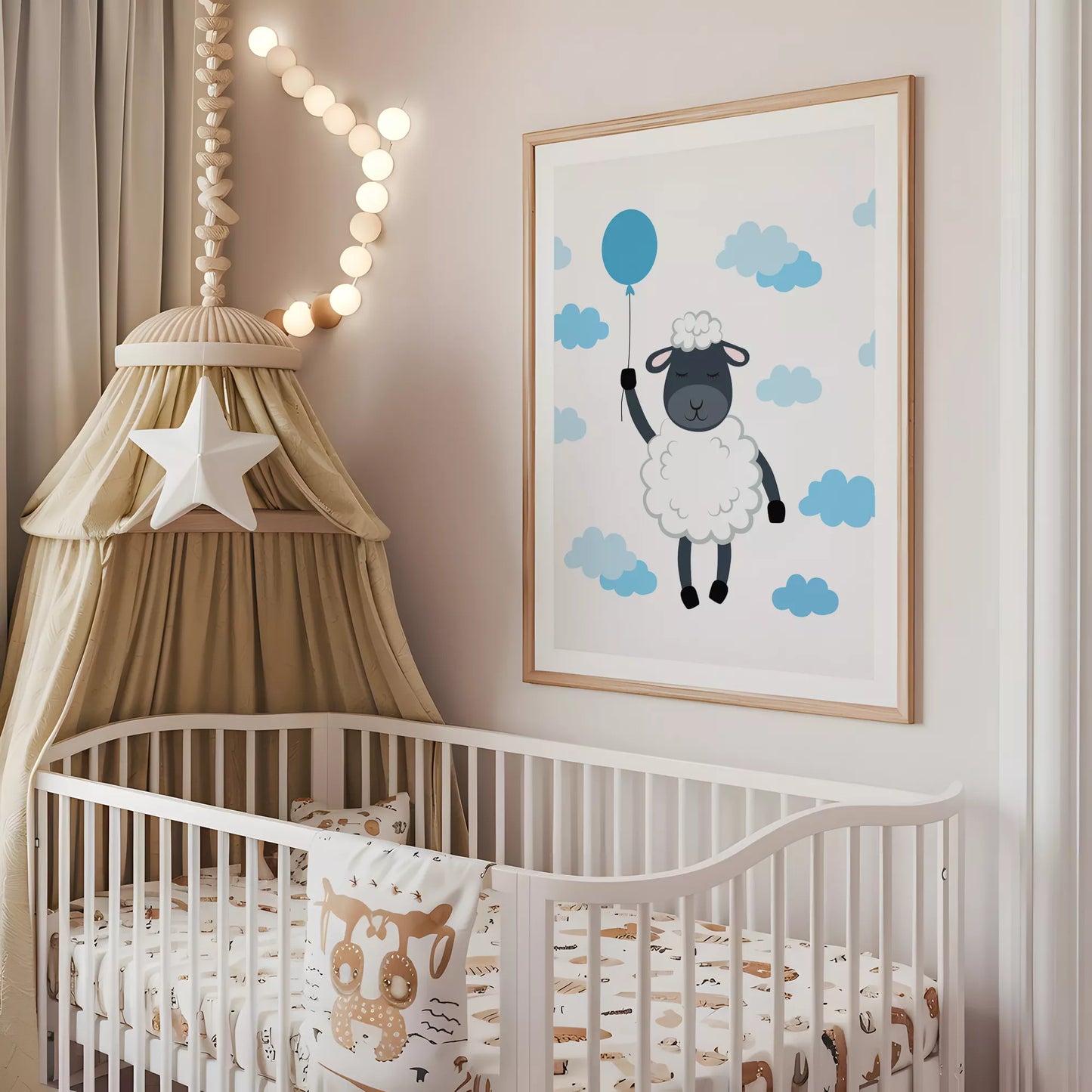 青いバルーンと雲に囲まれたひつじのかわいい北欧アートポスター