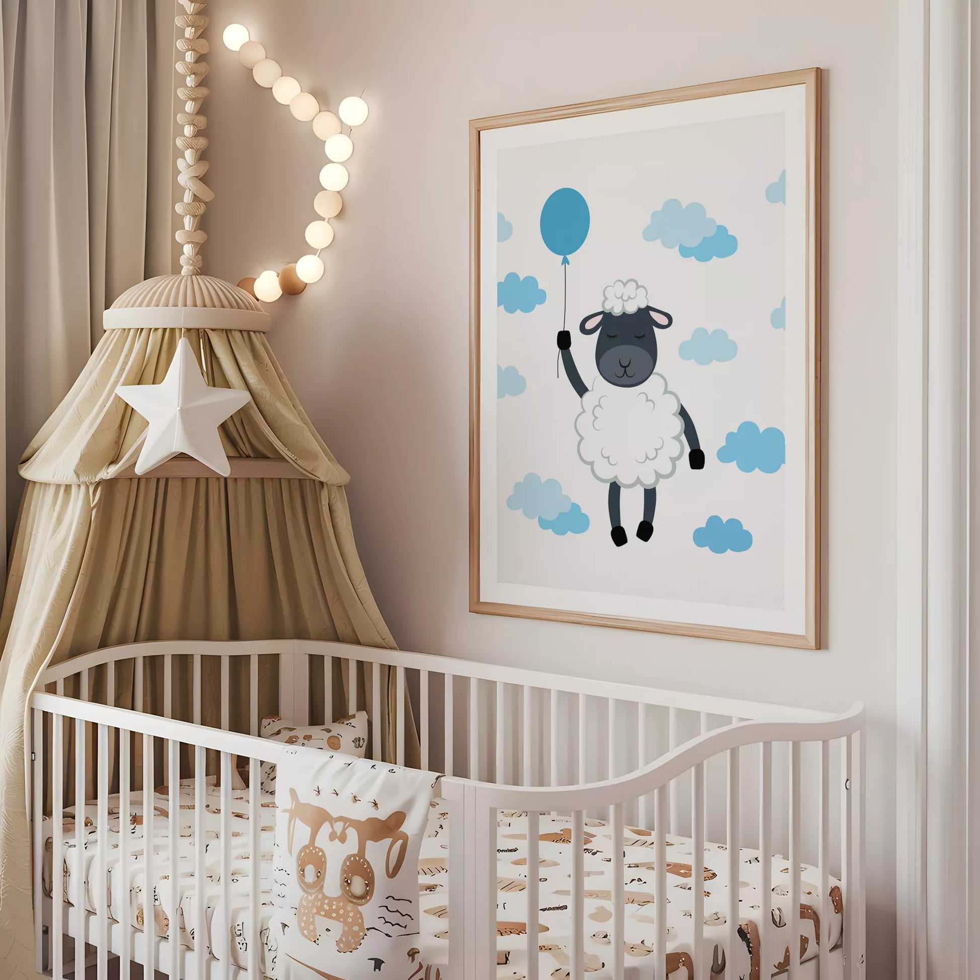 青いバルーンと雲に囲まれたひつじのかわいい北欧アートポスター