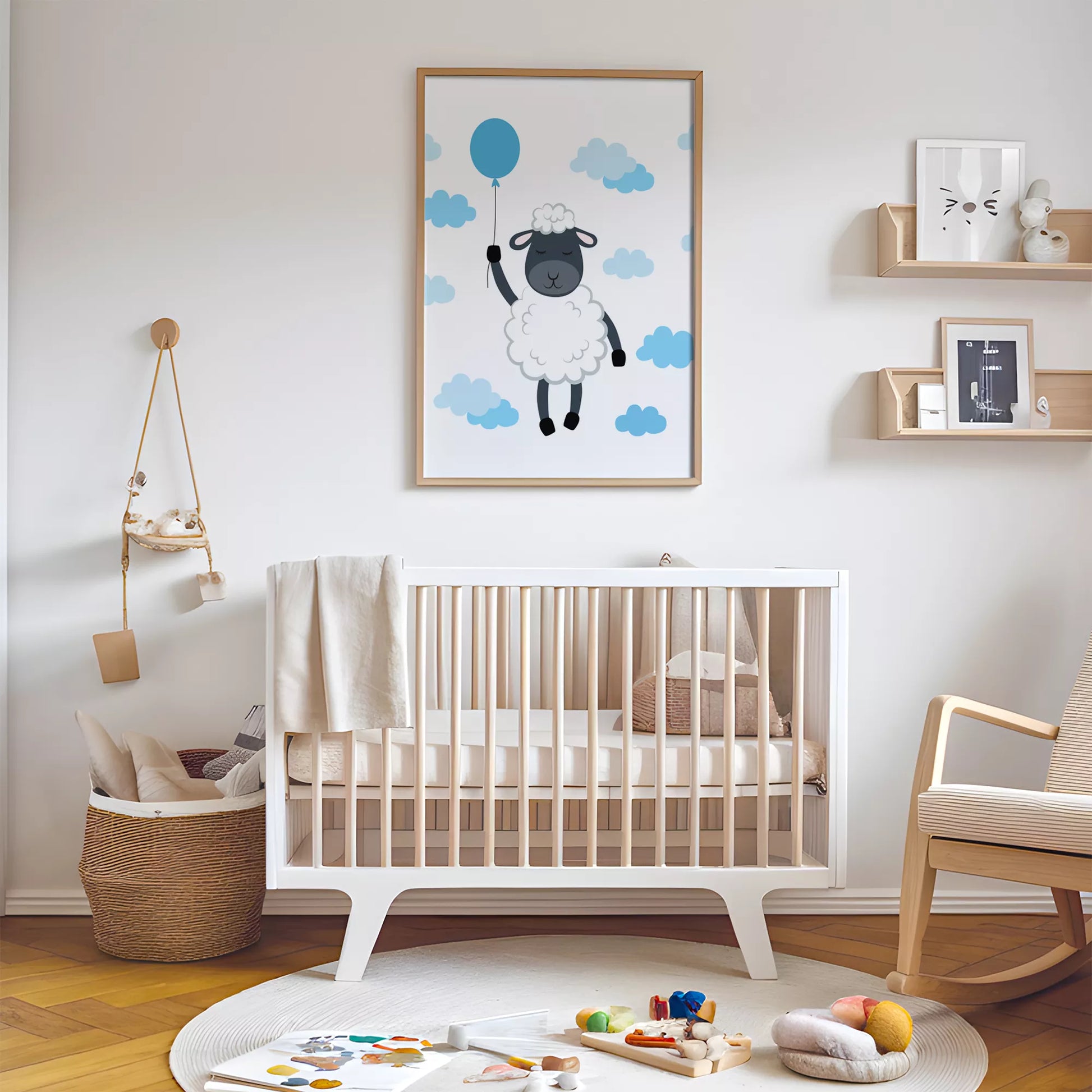 青いバルーンと雲に囲まれたひつじのかわいい北欧アートポスター