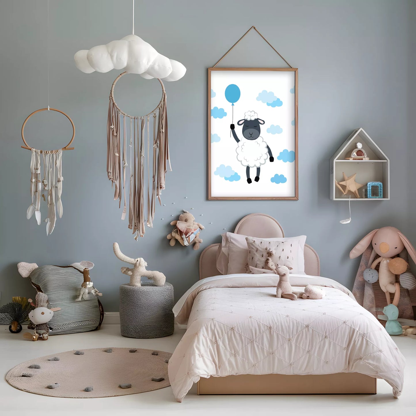 青いバルーンと雲に囲まれたひつじのかわいい北欧アートポスター