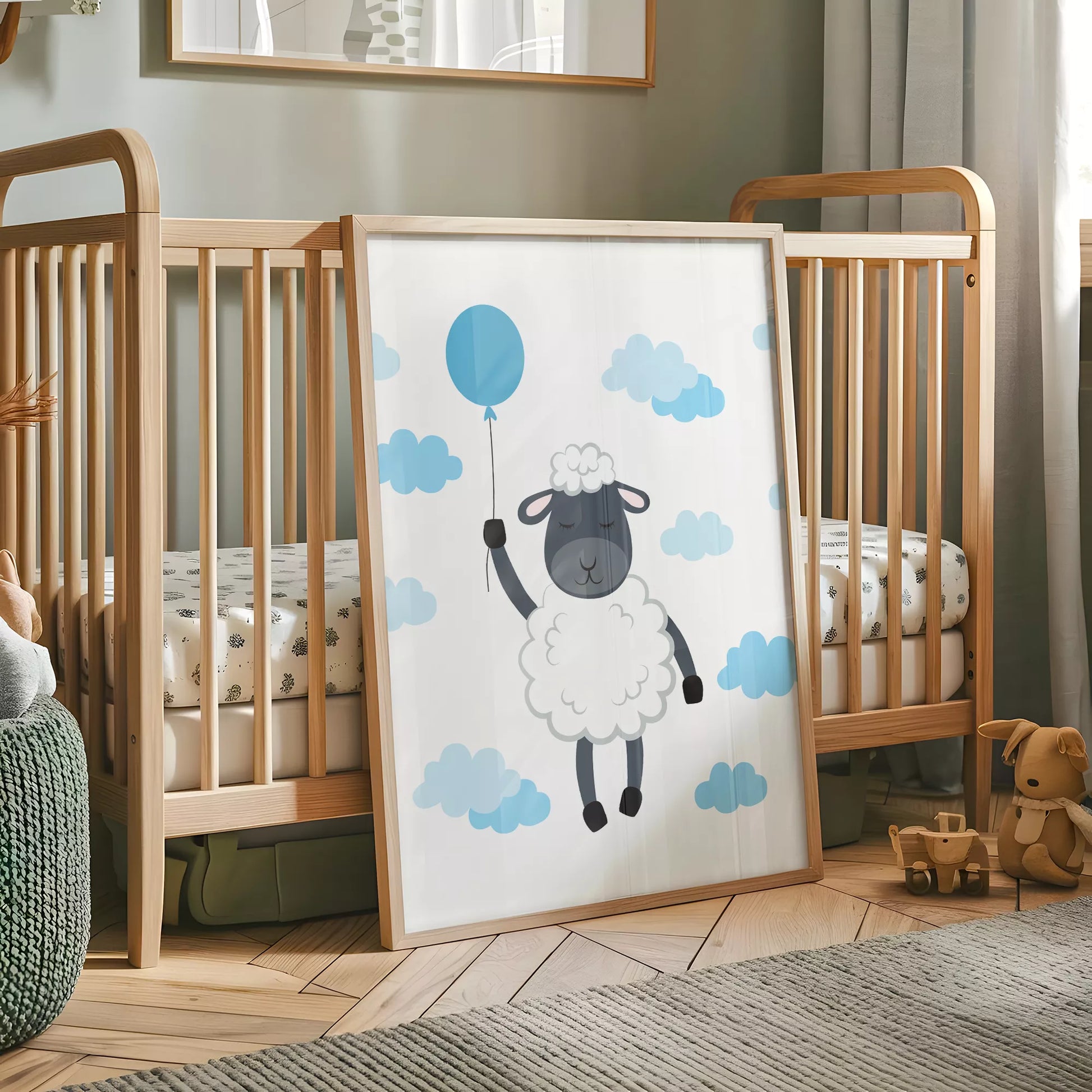 青いバルーンと雲に囲まれたひつじのかわいい北欧アートポスター