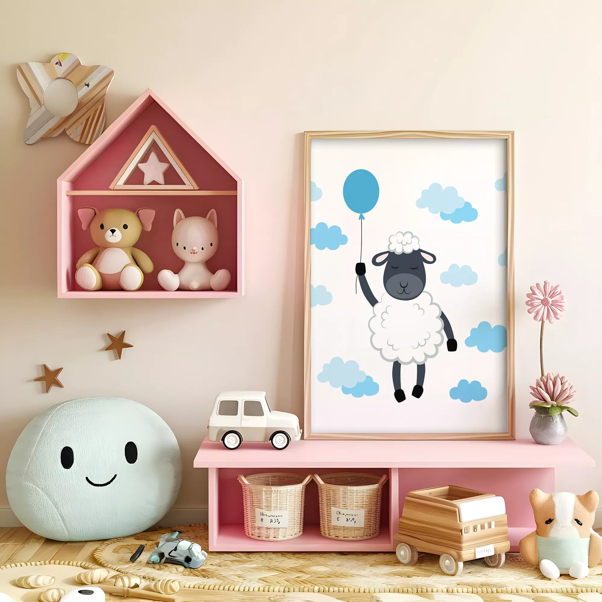 青いバルーンと雲に囲まれたひつじのかわいい北欧アートポスター