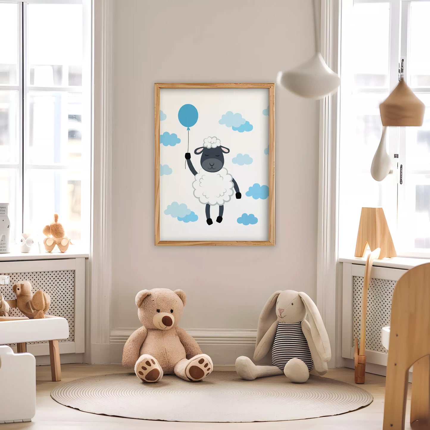 青いバルーンと雲に囲まれたひつじのかわいい北欧アートポスター