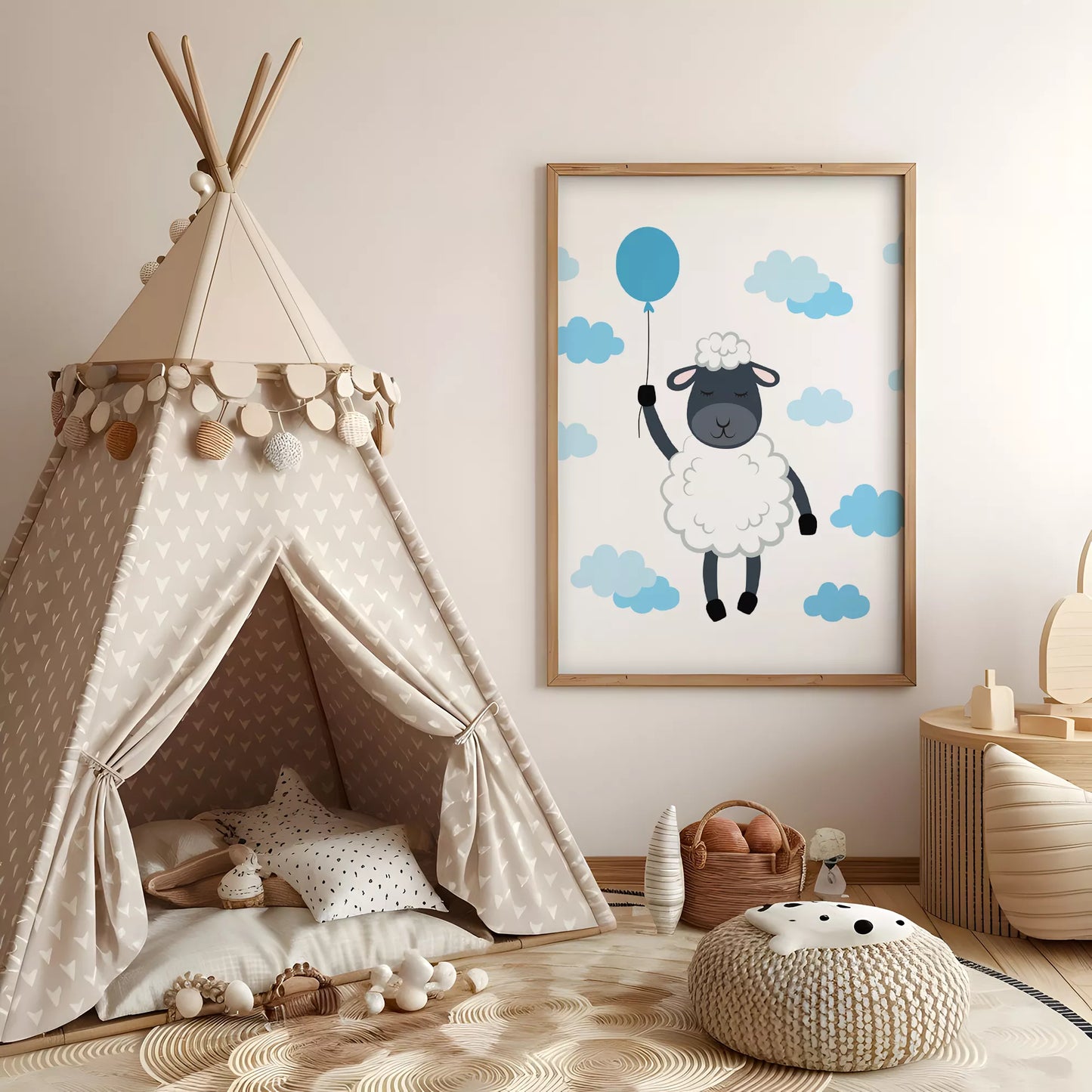 青いバルーンと雲に囲まれたひつじのかわいい北欧アートポスター