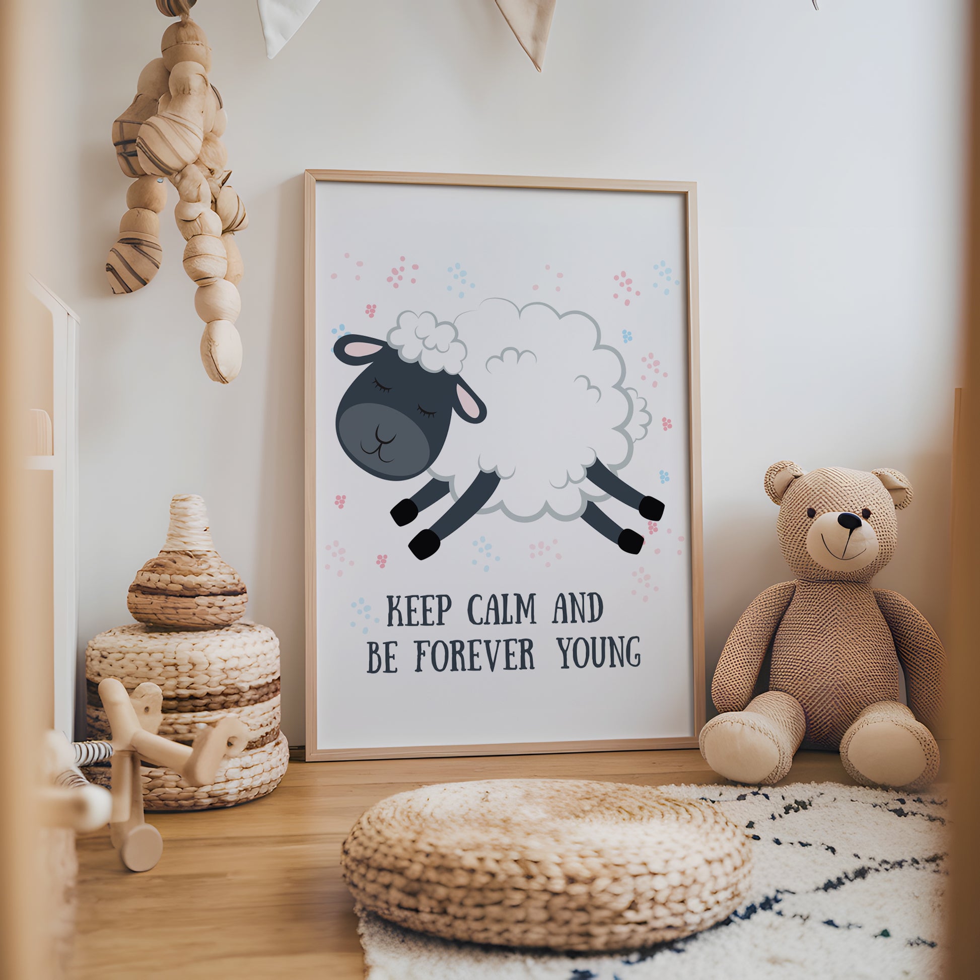 ひつじと英語メッセージが描かれた子供部屋用北欧アートポスター