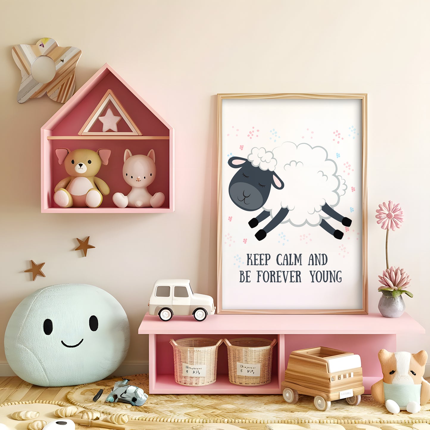 ひつじと英語メッセージが描かれた子供部屋用北欧アートポスター