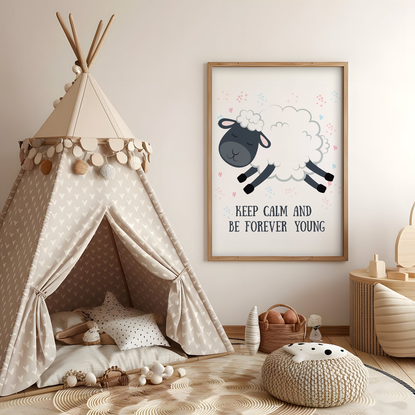 ひつじと英語メッセージが描かれた子供部屋用北欧アートポスター
