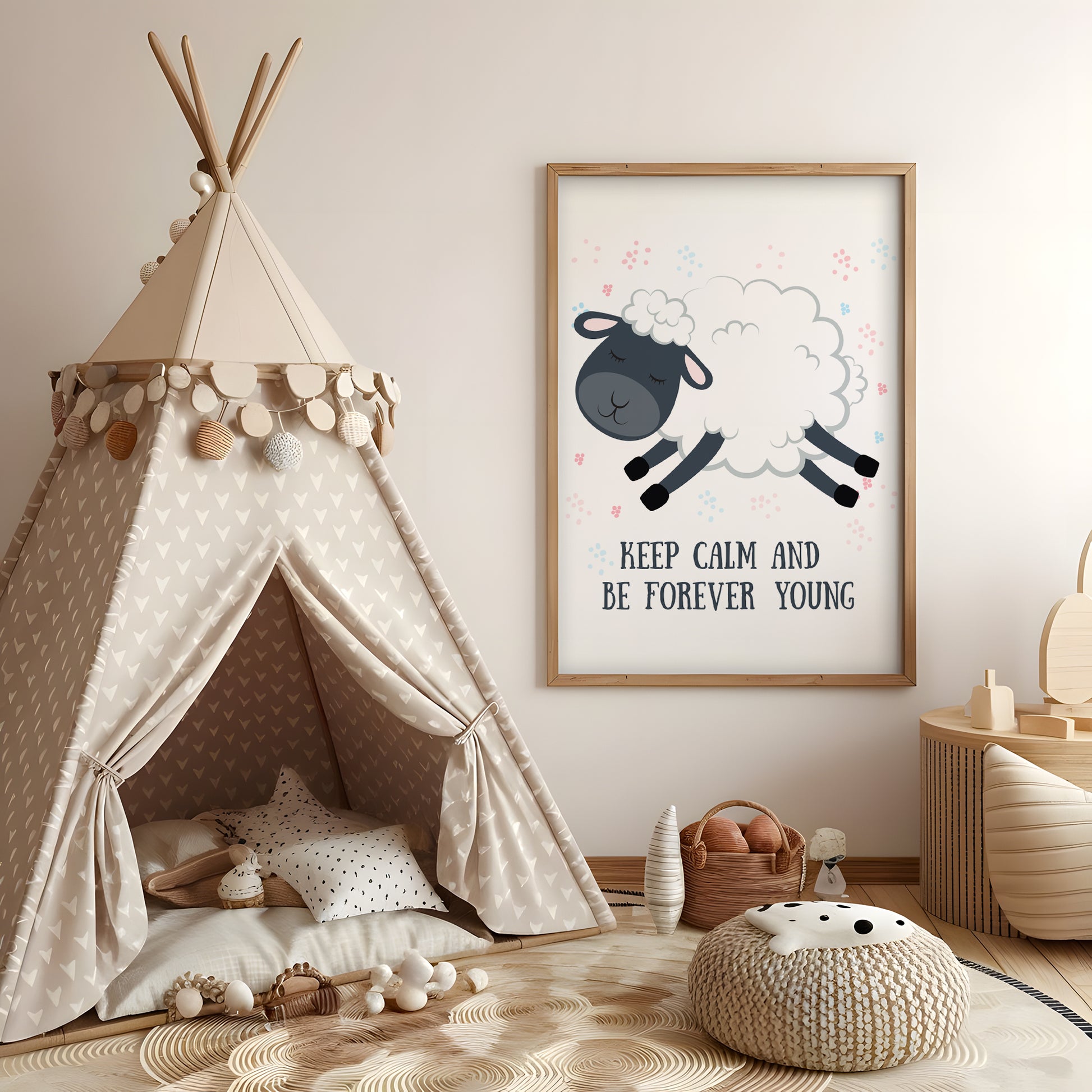 ひつじと英語メッセージが描かれた子供部屋用北欧アートポスター
