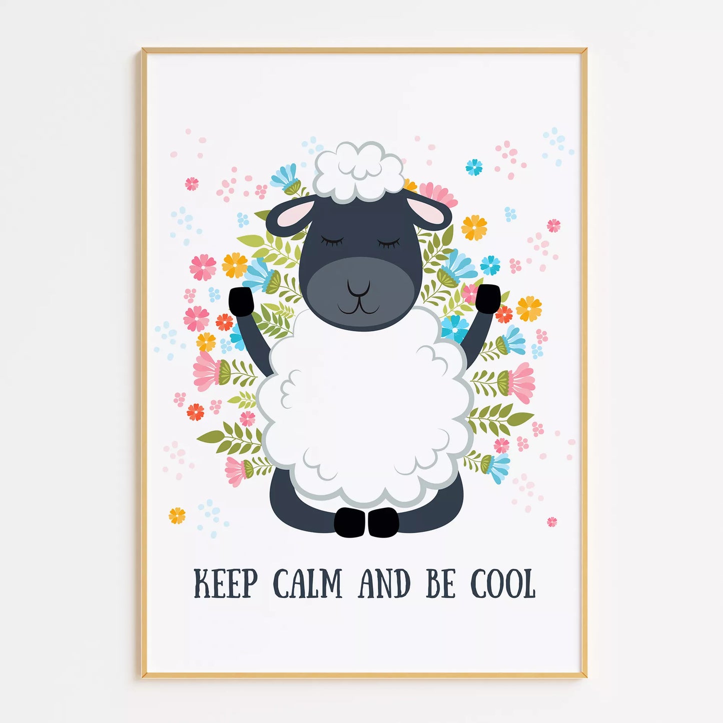 花に囲まれたひつじと英語メッセージの北欧アートポスター