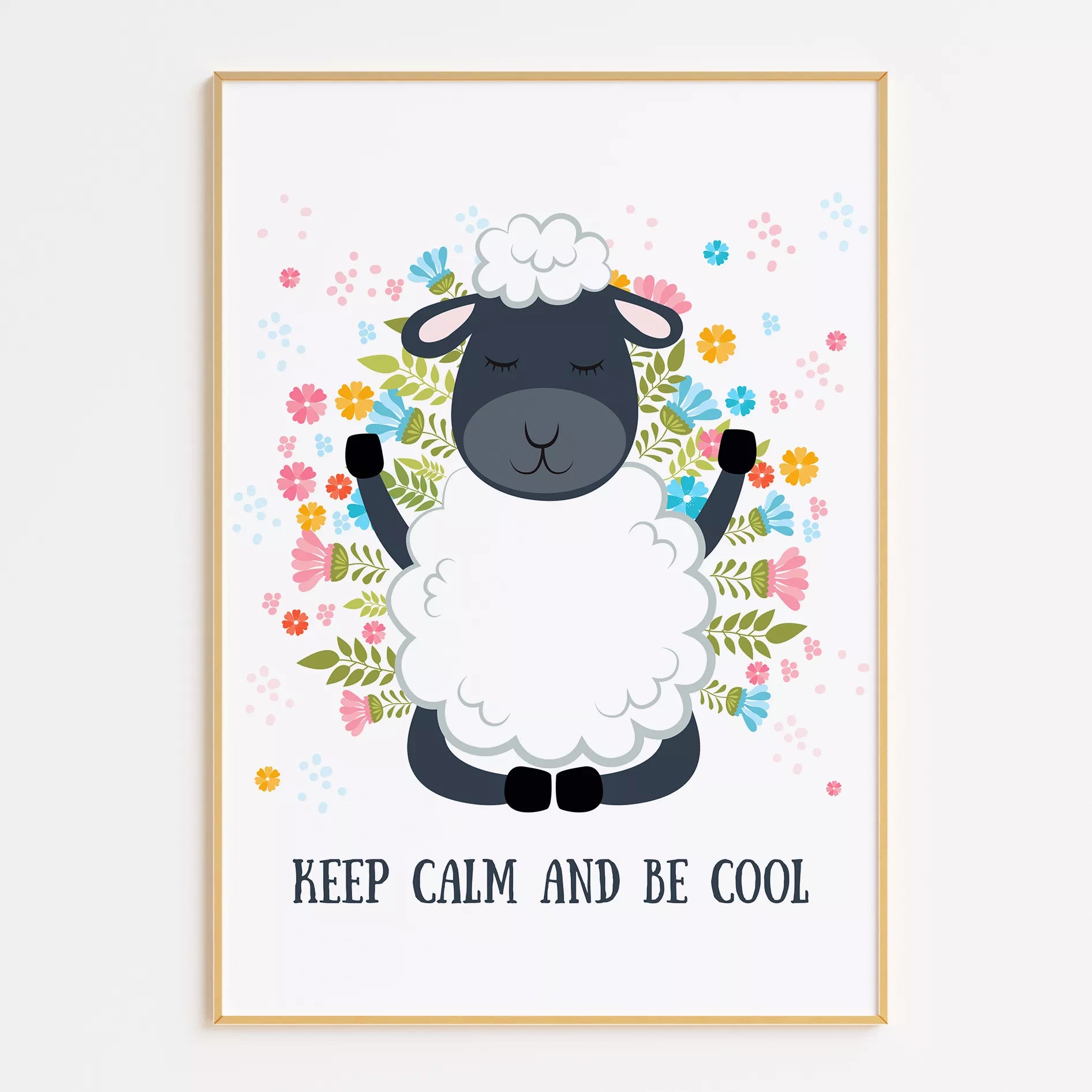 花に囲まれたひつじと英語メッセージの北欧アートポスター