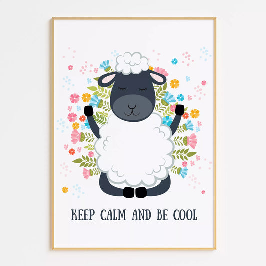 花に囲まれたひつじと英語メッセージの北欧アートポスター