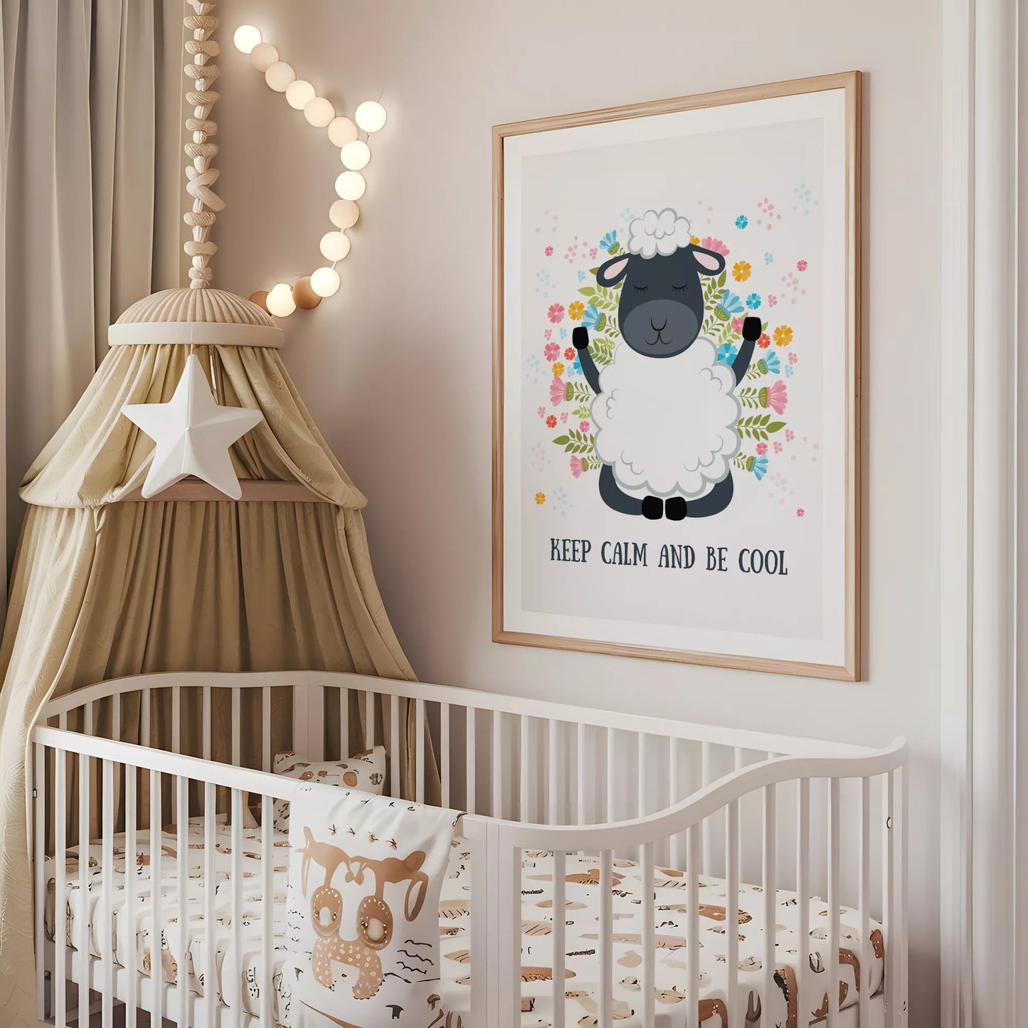 花に囲まれたひつじと英語メッセージの北欧アートポスター