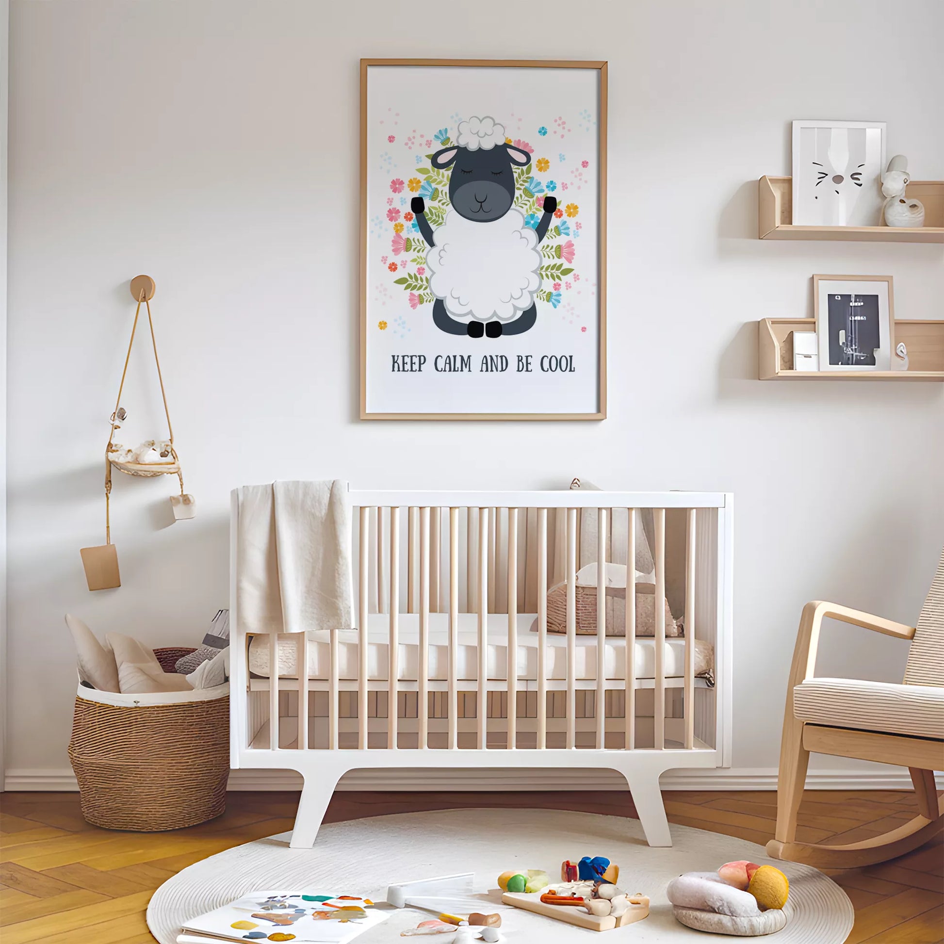 花に囲まれたひつじと英語メッセージの北欧アートポスター