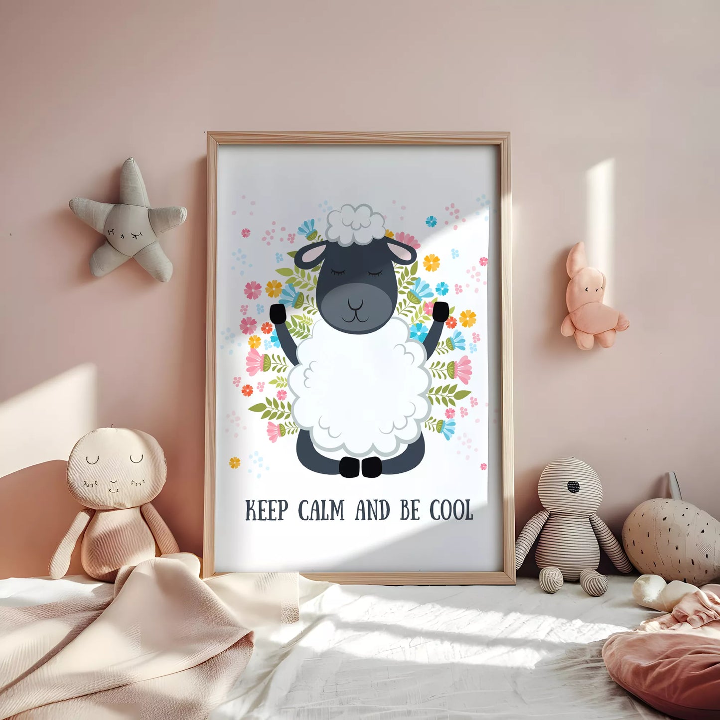 花に囲まれたひつじと英語メッセージの北欧アートポスター