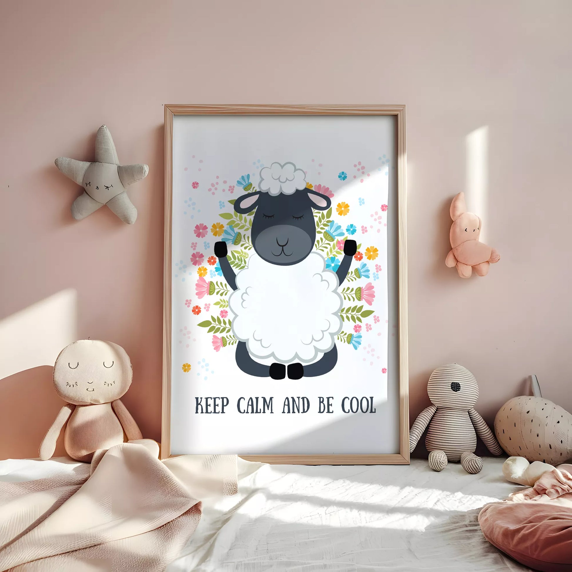 花に囲まれたひつじと英語メッセージの北欧アートポスター