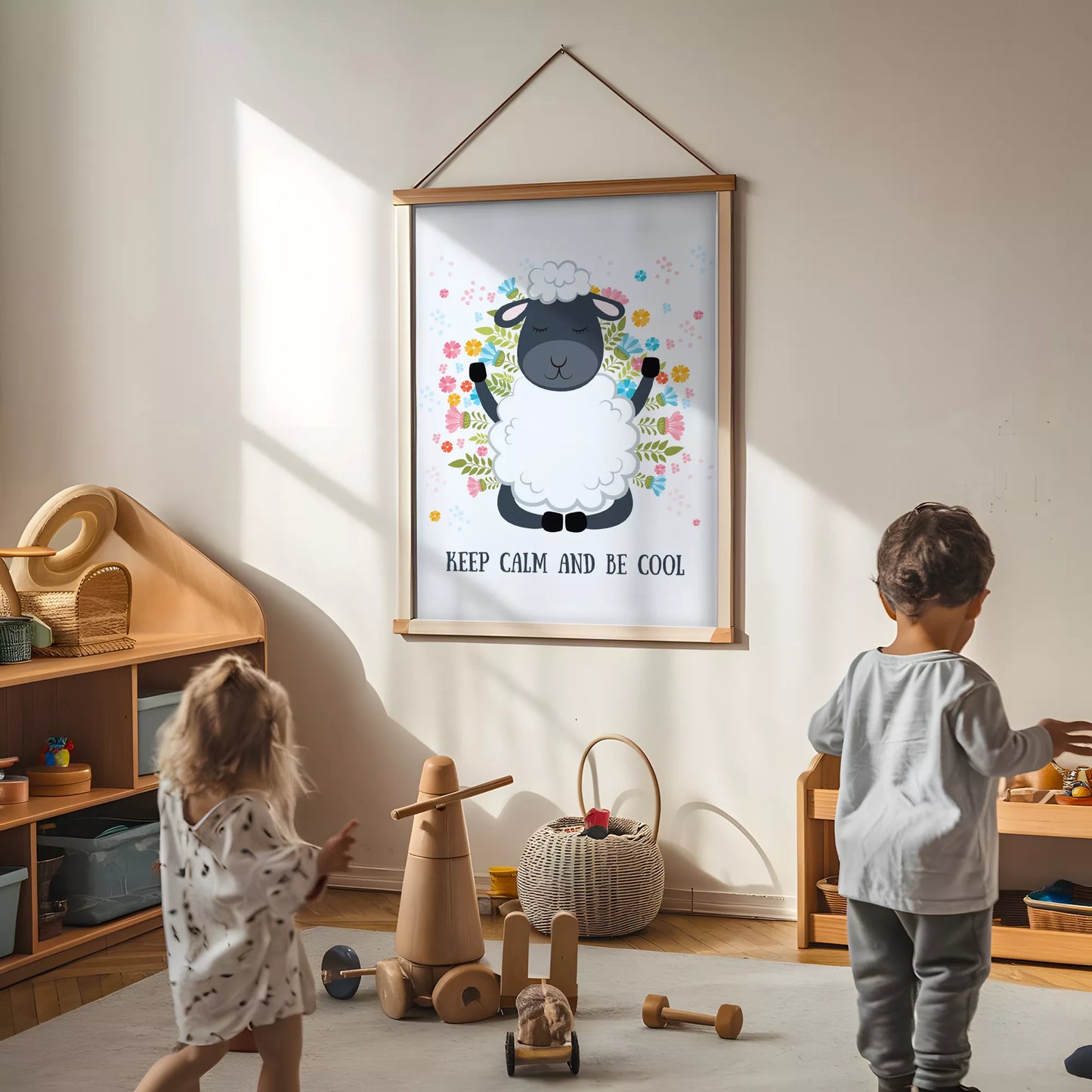 花に囲まれたひつじと英語メッセージの北欧アートポスター