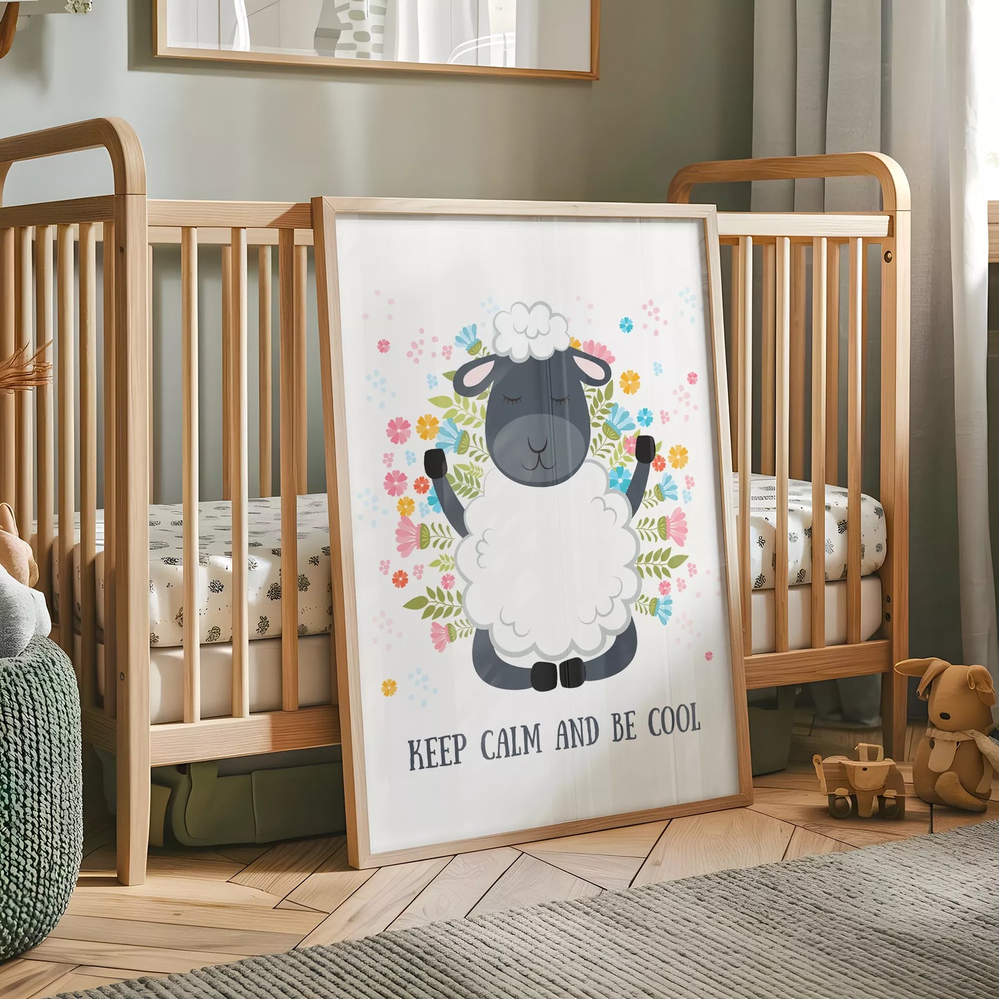 花に囲まれたひつじと英語メッセージの北欧アートポスター