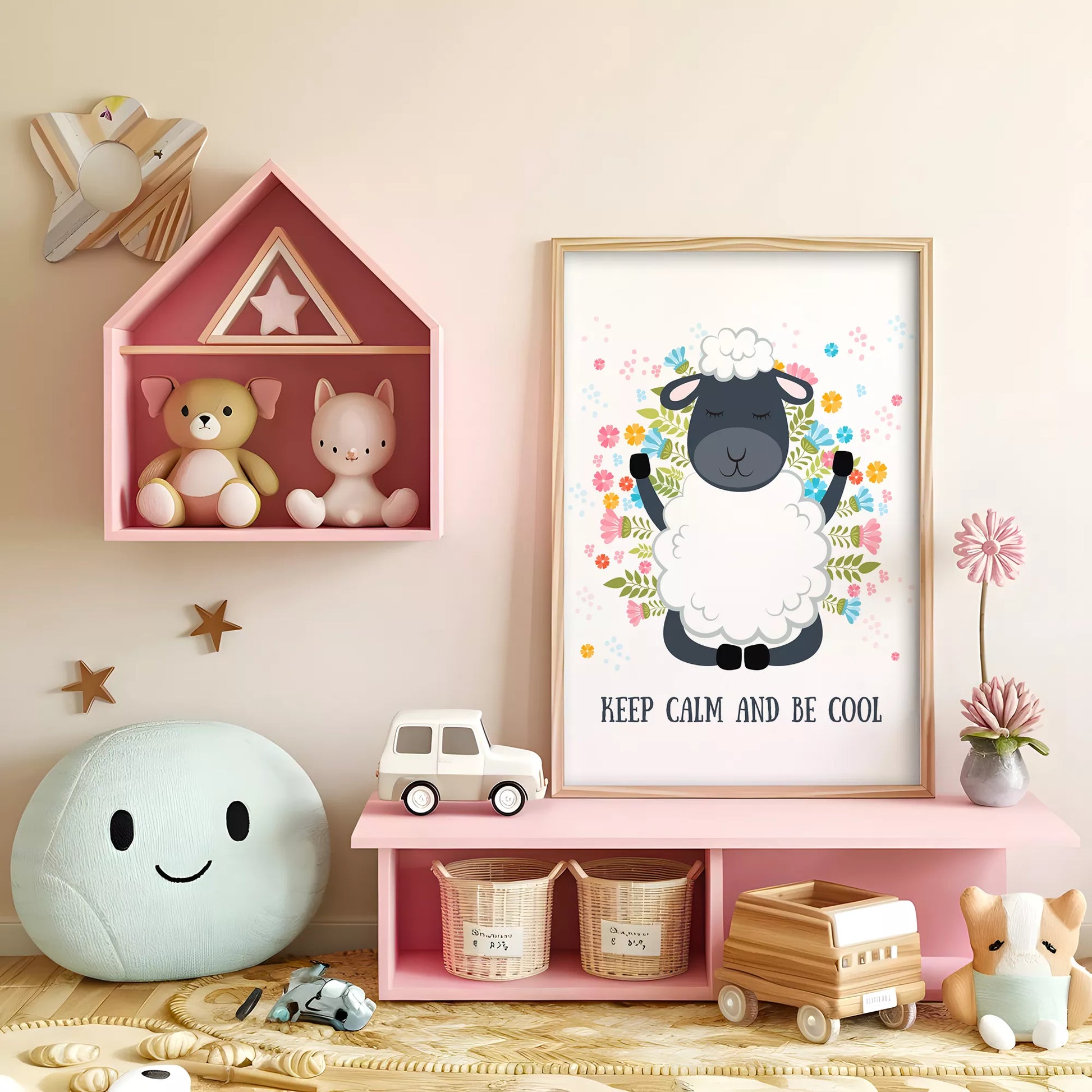 花に囲まれたひつじと英語メッセージの北欧アートポスター