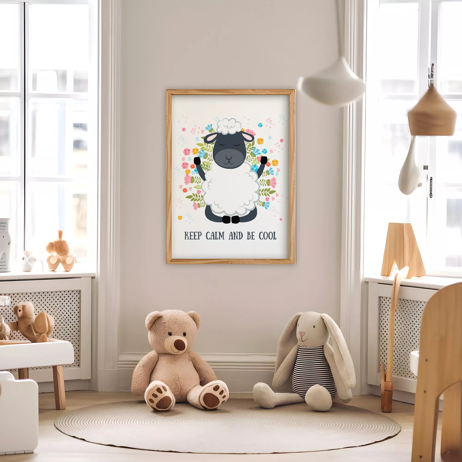 花に囲まれたひつじと英語メッセージの北欧アートポスター