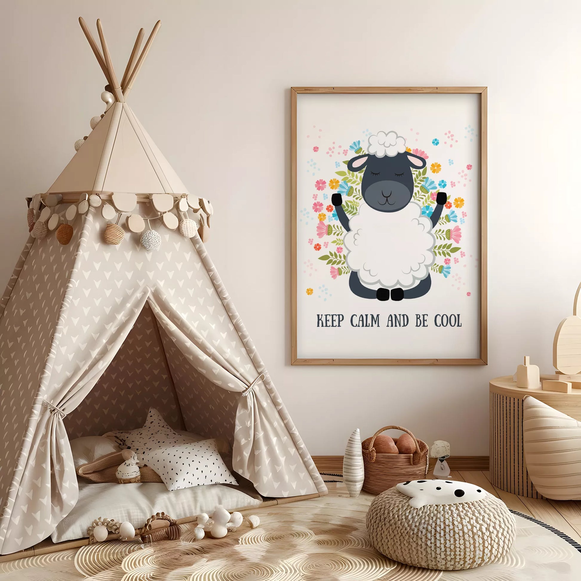 花に囲まれたひつじと英語メッセージの北欧アートポスター