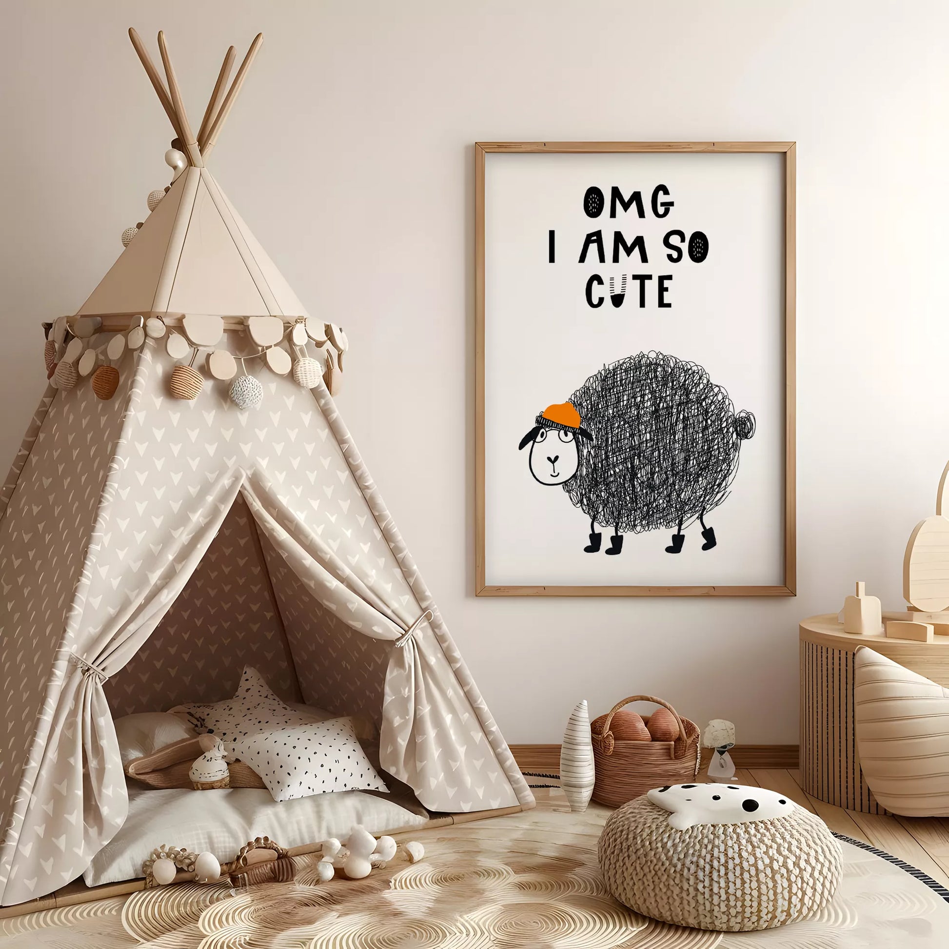 キッズ向けモノクローム羊のアートポスター