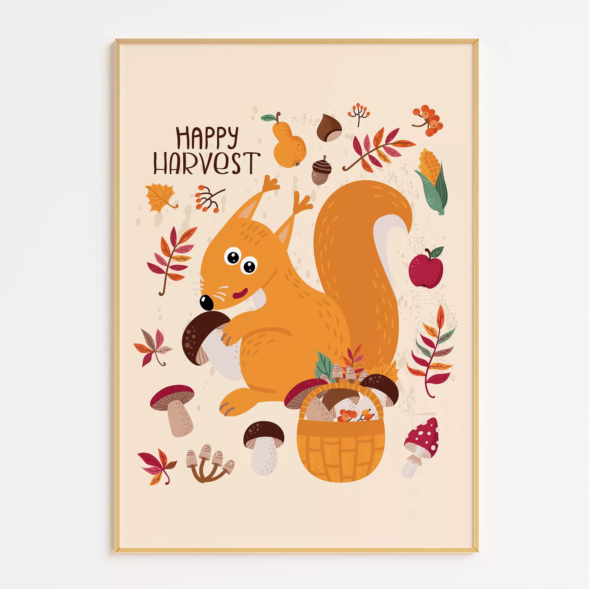 秋のりすときのこのかわいいイラスト子供部屋用北欧アートポスター